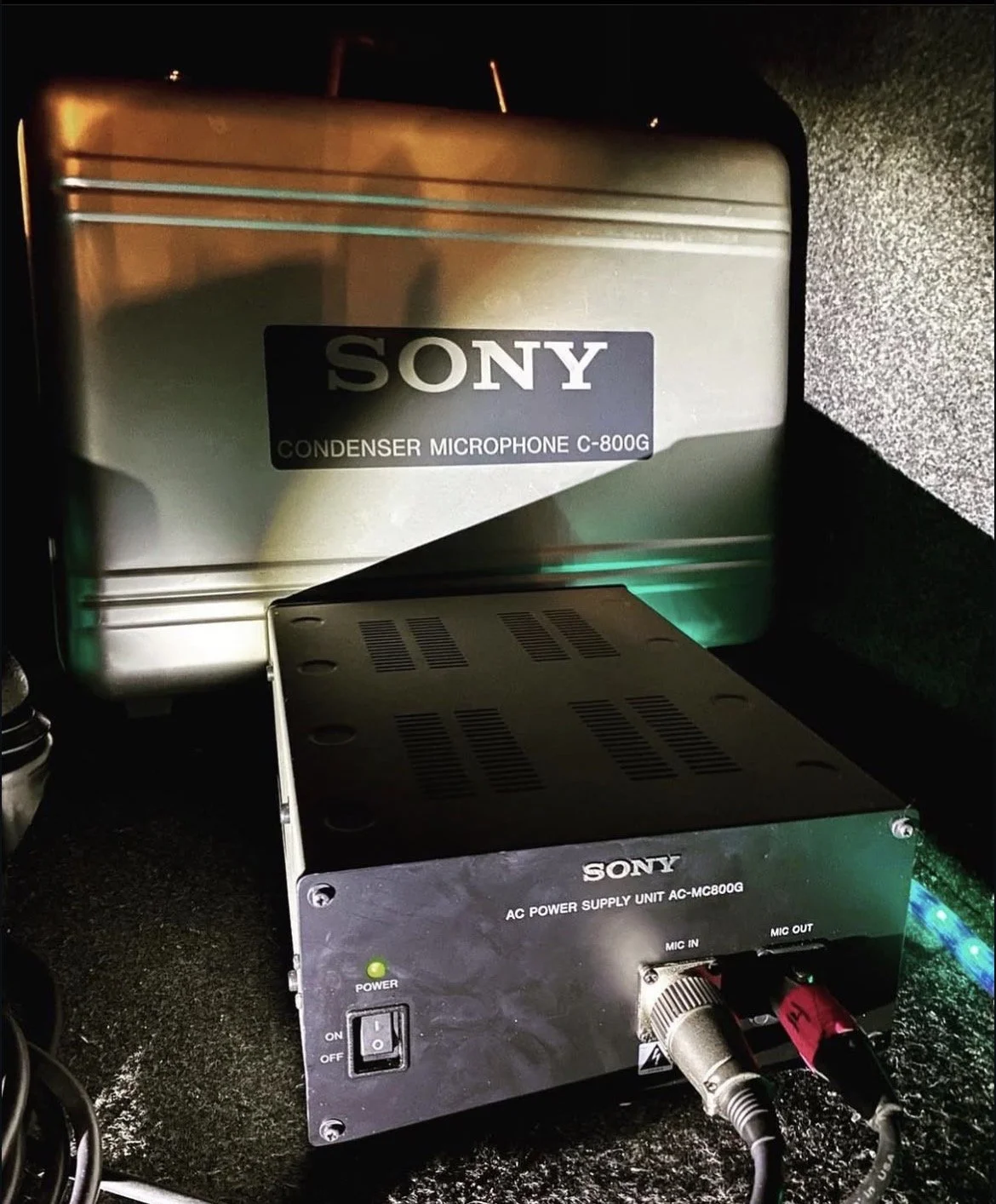 Sony C-800G microphone case and power supply at Manic Recording Studios.