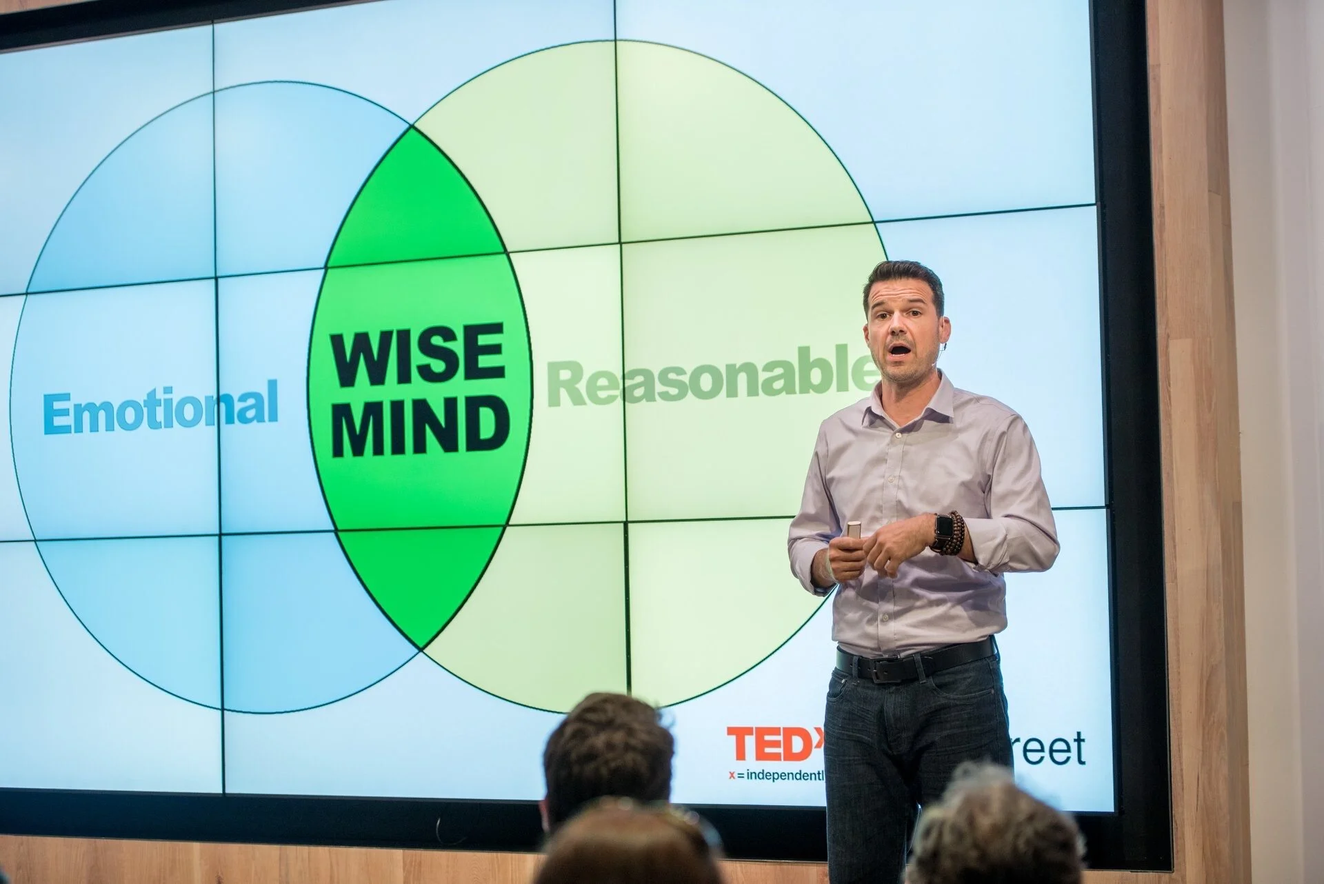 Lance Pendleton giving a presentation in front of a large digital screen that displays circles labeled 'Emotional', 'Reasonable', and 'Wise Mind' at a TEDx event.