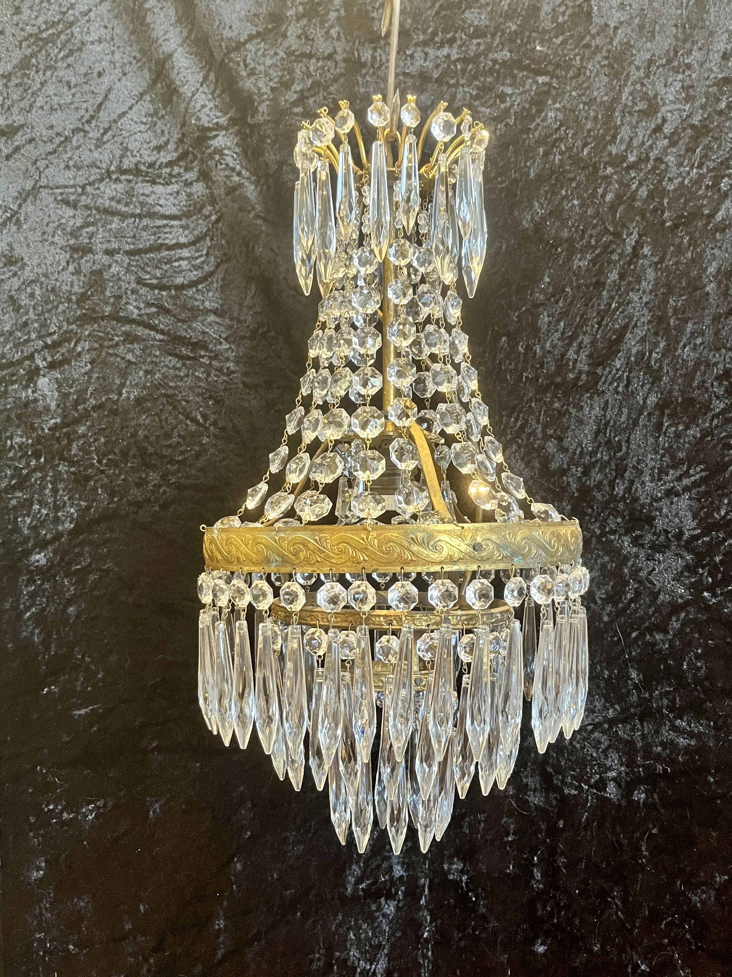 Vintage Brass and Crystal Waterfall Chandelier