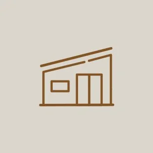 Line drawing of a small building with a slanted, pitched roof