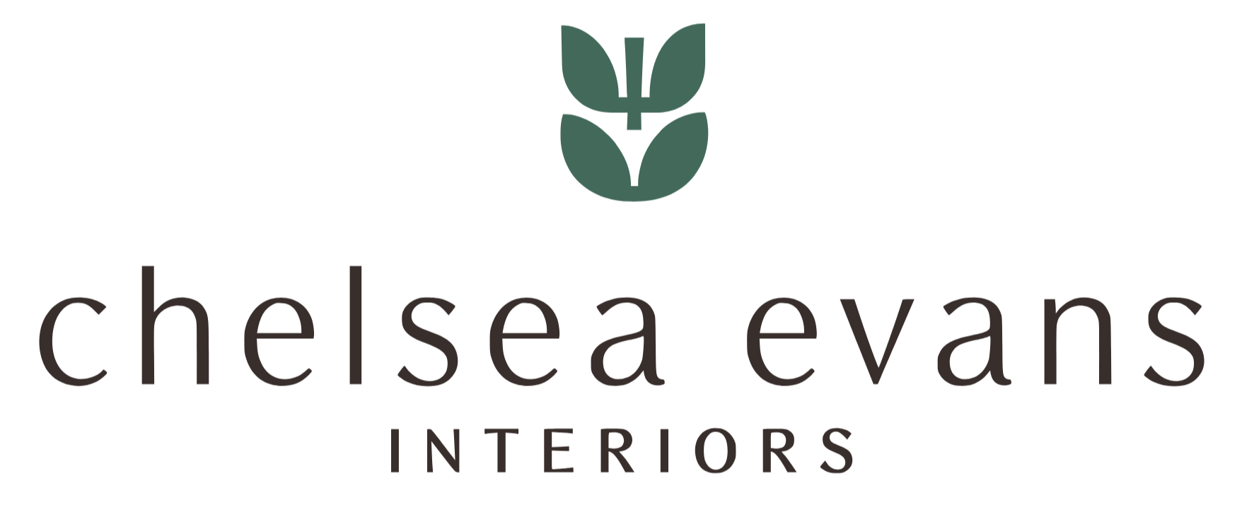 Chelsea Evans Interiors logo with a stylized green leaf above the text Chelsea Evans Interiors.