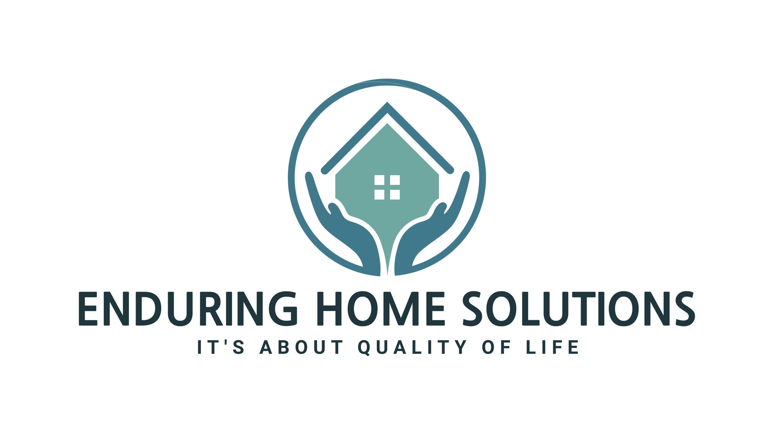 Logo for Enduring Home Solutions featuring a house held by two hands with the tagline "It's about quality of life"