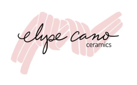 Logo with pink hands and black cursive text that says "elyse cano ceramics"