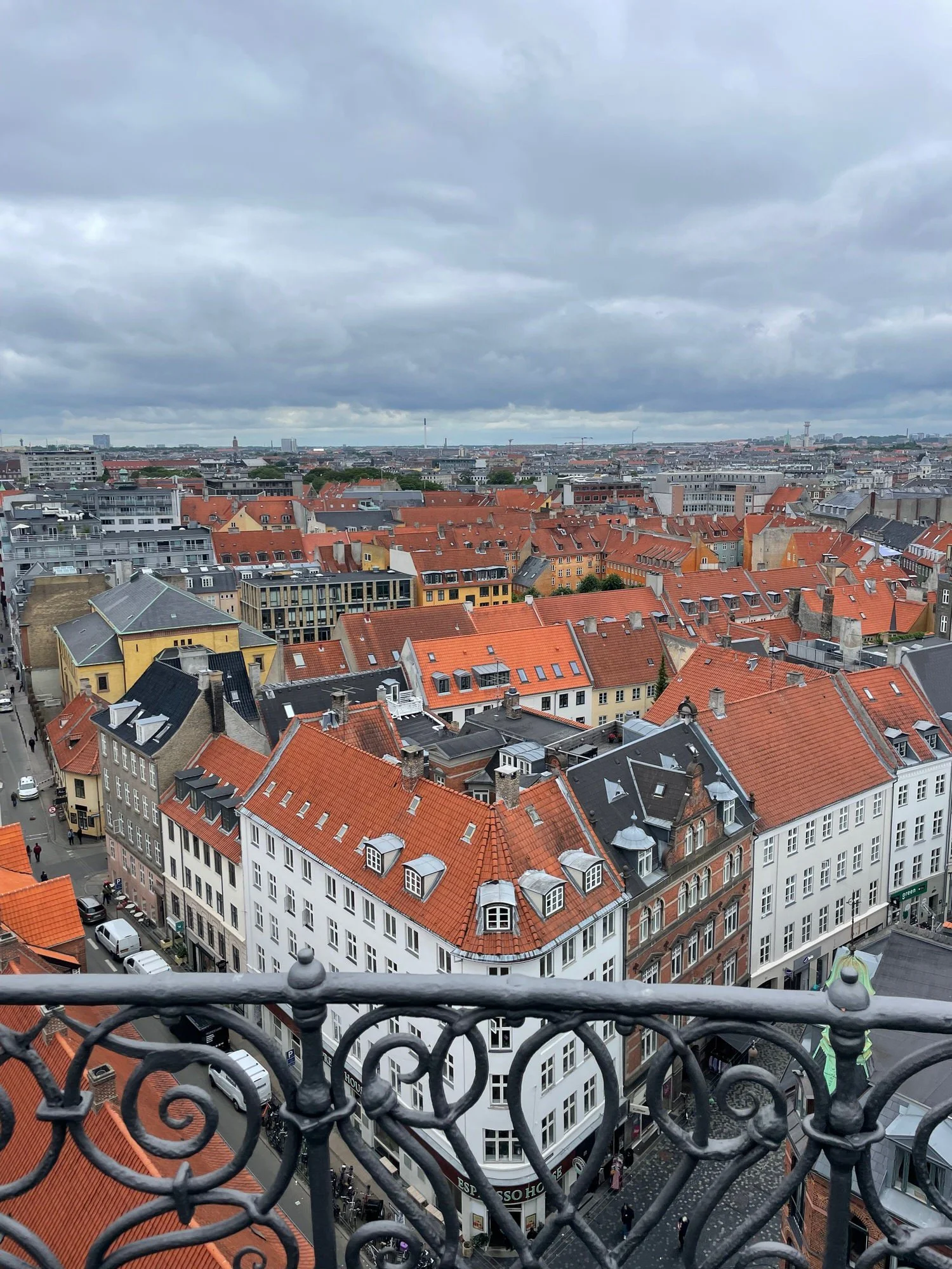 A view of Copenhagen from The Round Town. Looking down on the beautiful, colorful buildings within the city.