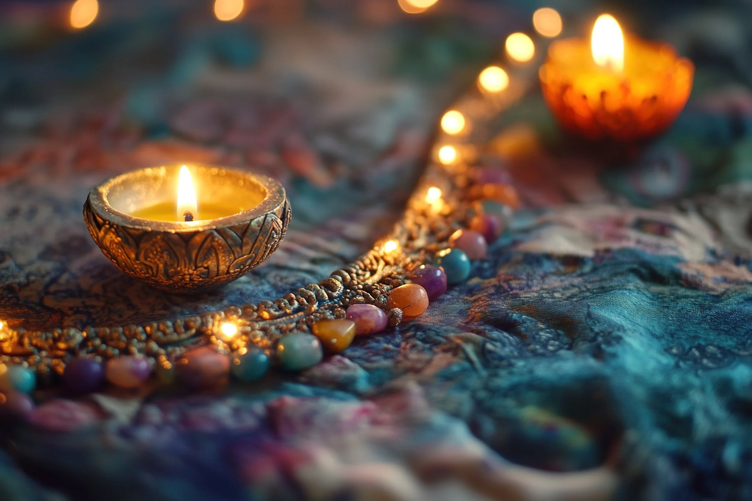 Decorative candles and string lights on colorful fabric, creating a warm, cozy atmosphere.