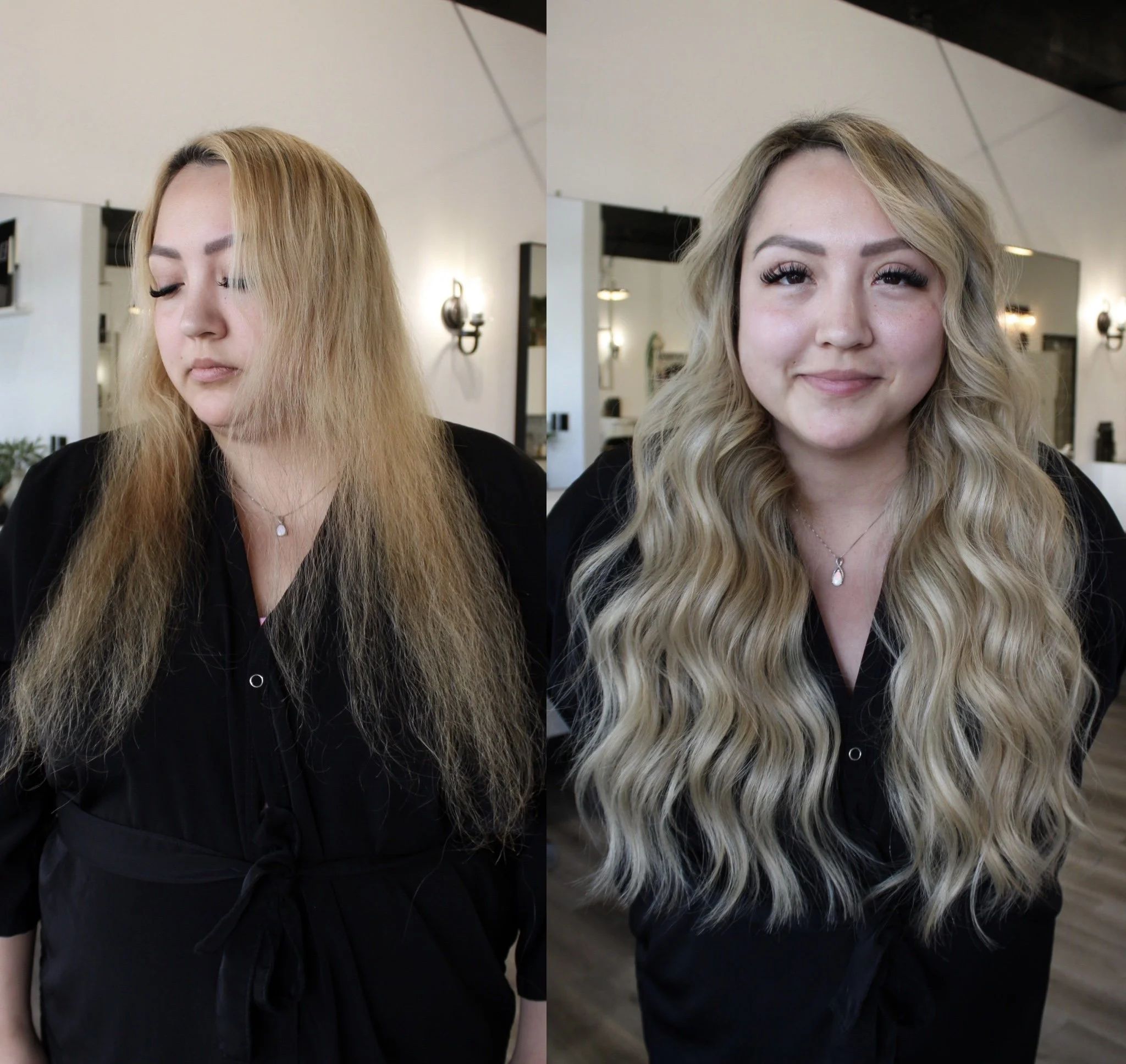 See the stunning before and after transformation with hair extensions at Elle Society Salon. Our expert stylists create voluminous, natural-looking extensions that blend seamlessly with your hair. Discover the perfect hair loss solution and achieve y