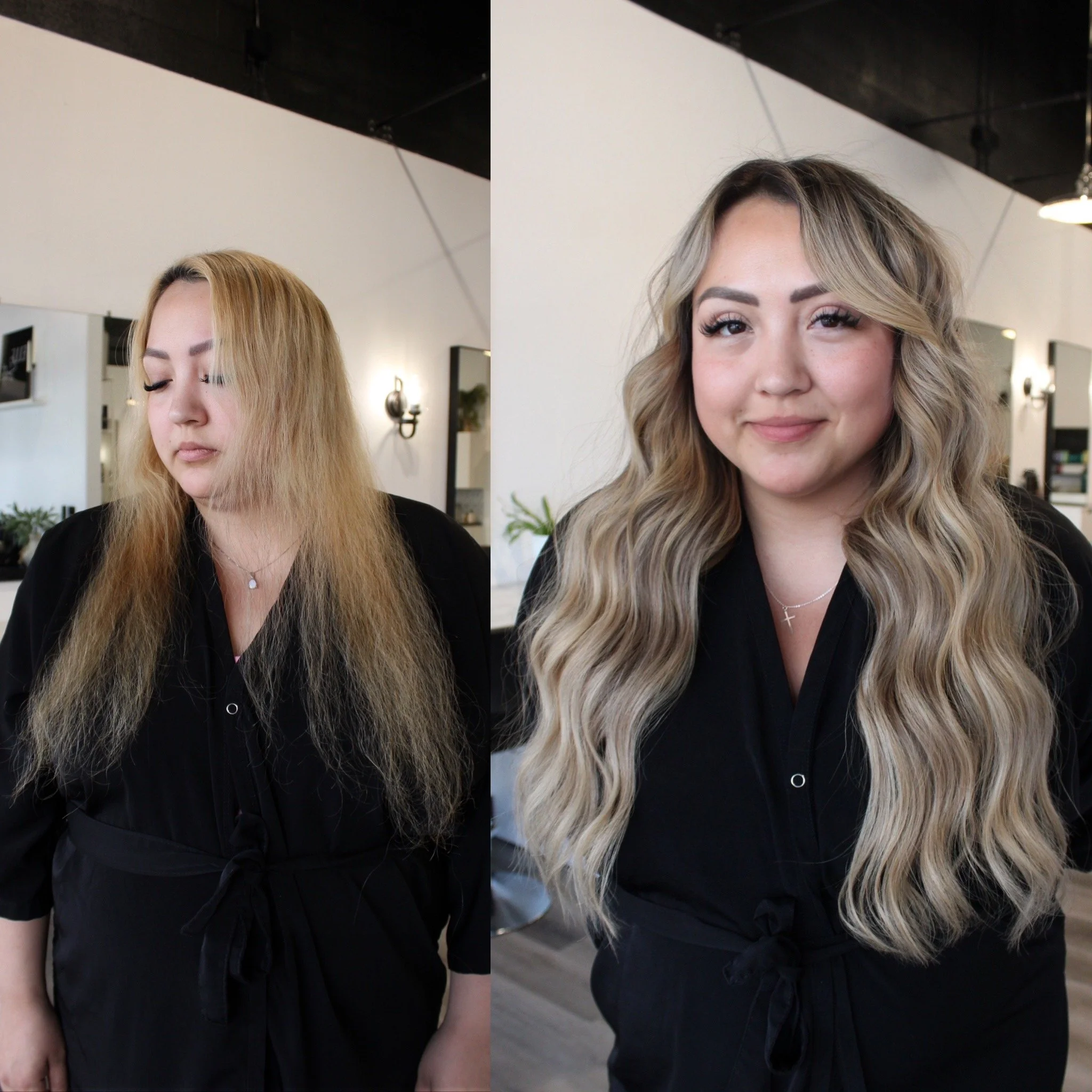 See the stunning before and after transformation with hair extensions at Elle Society Salon. Our expert stylists create voluminous, natural-looking extensions that blend seamlessly with your hair. Discover the perfect hair loss solution and achieve y