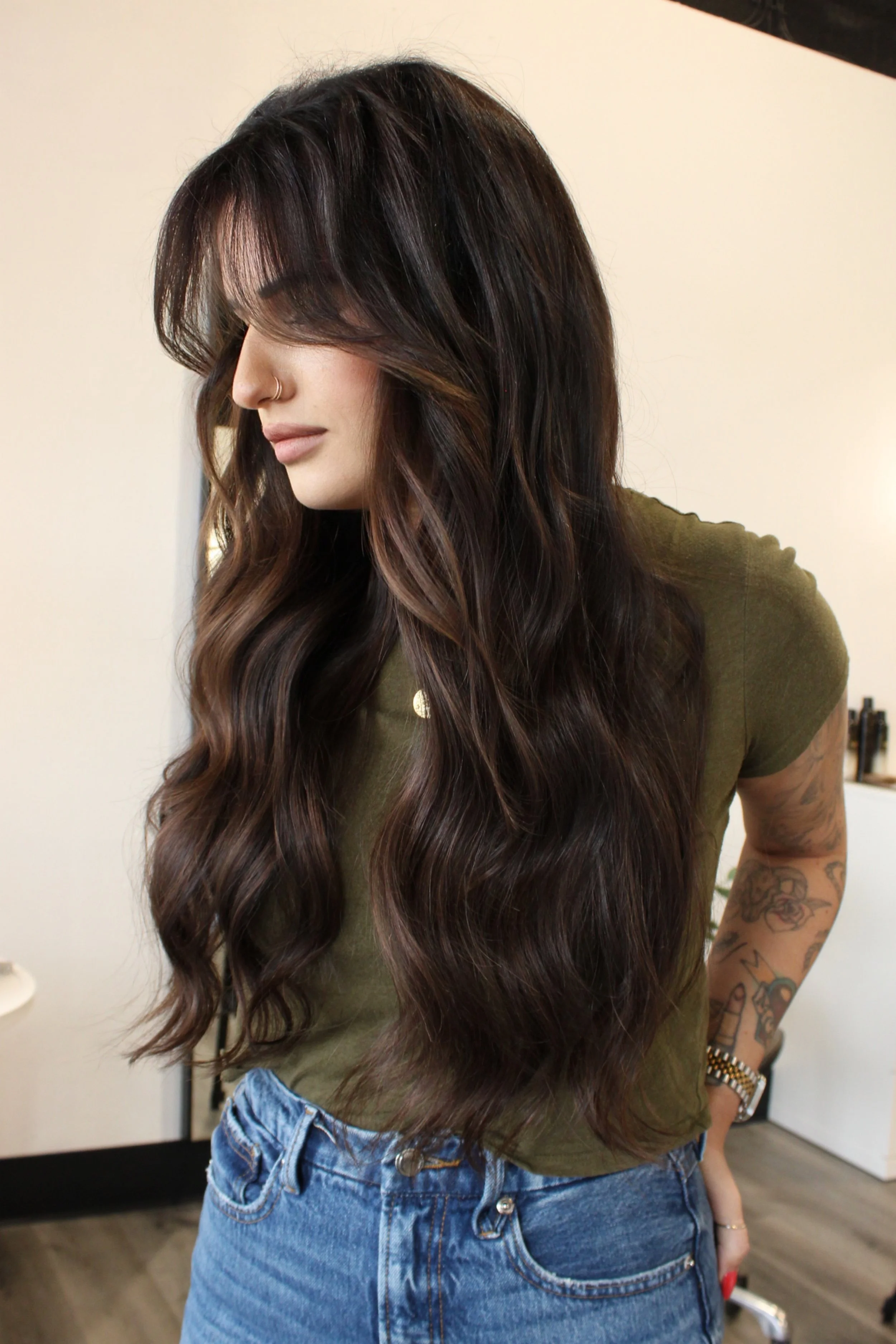 Dimensional brunette balayage with custom extensions for seamless blending in Portland Oregon