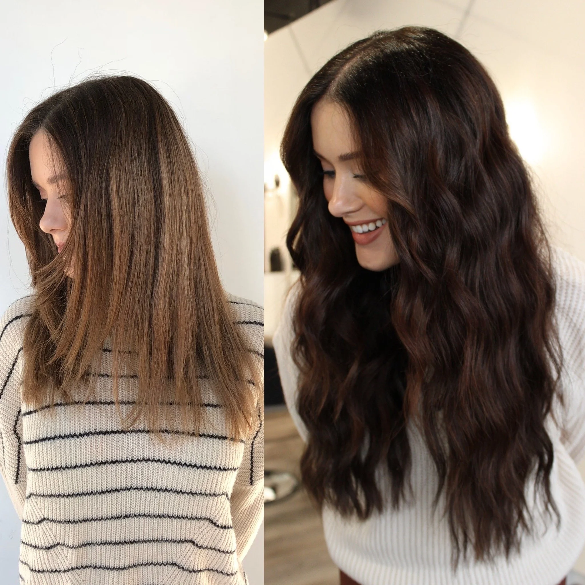 Before and after NBR hand tied Extensions on Abigail Lacey, Owner of Elle Society Salon in Troutdale Oregon.