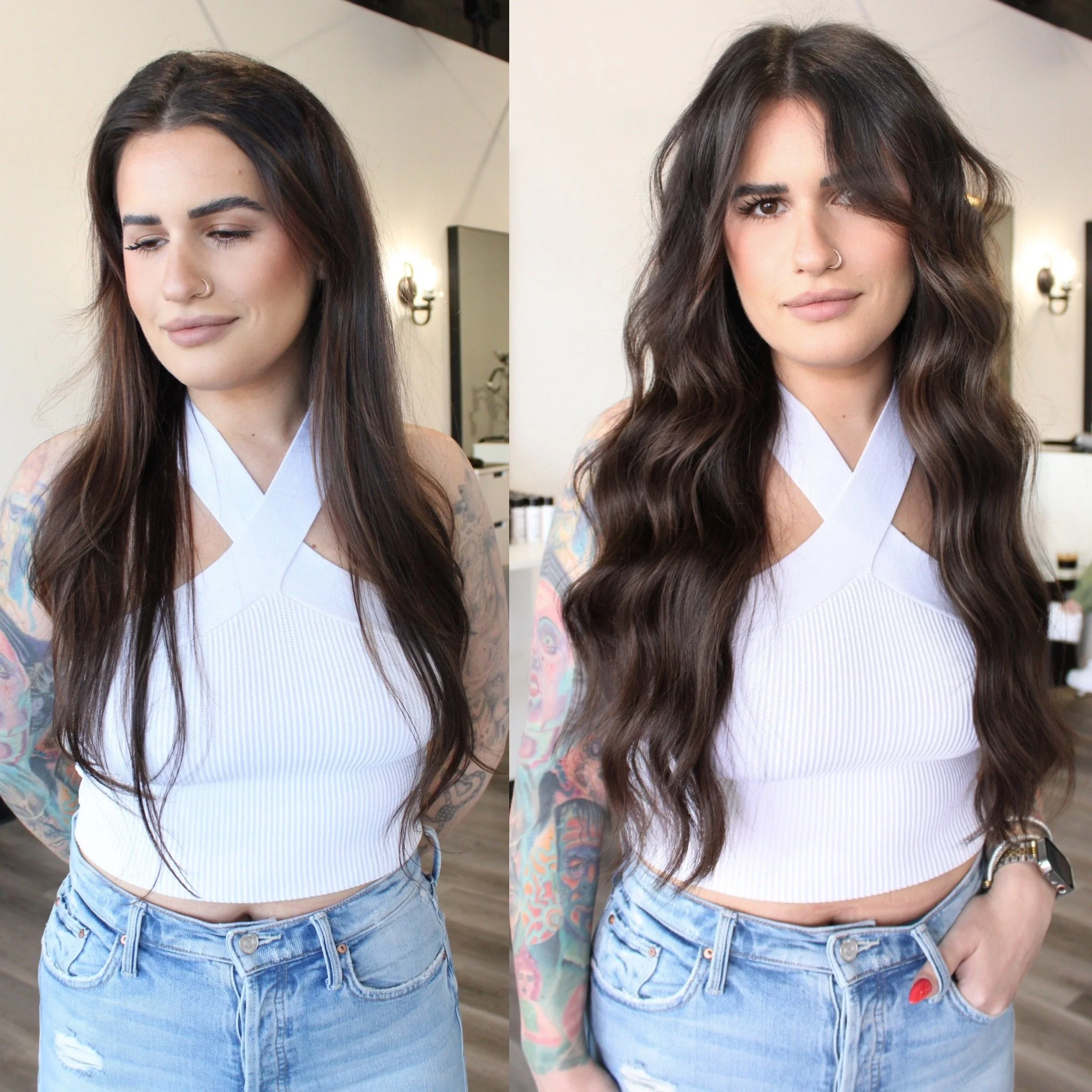 See the stunning before and after transformation with hair extensions at Elle Society Salon. Our expert stylists create voluminous, natural-looking extensions that blend seamlessly with your hair. Discover the perfect hair loss solution and achieve y