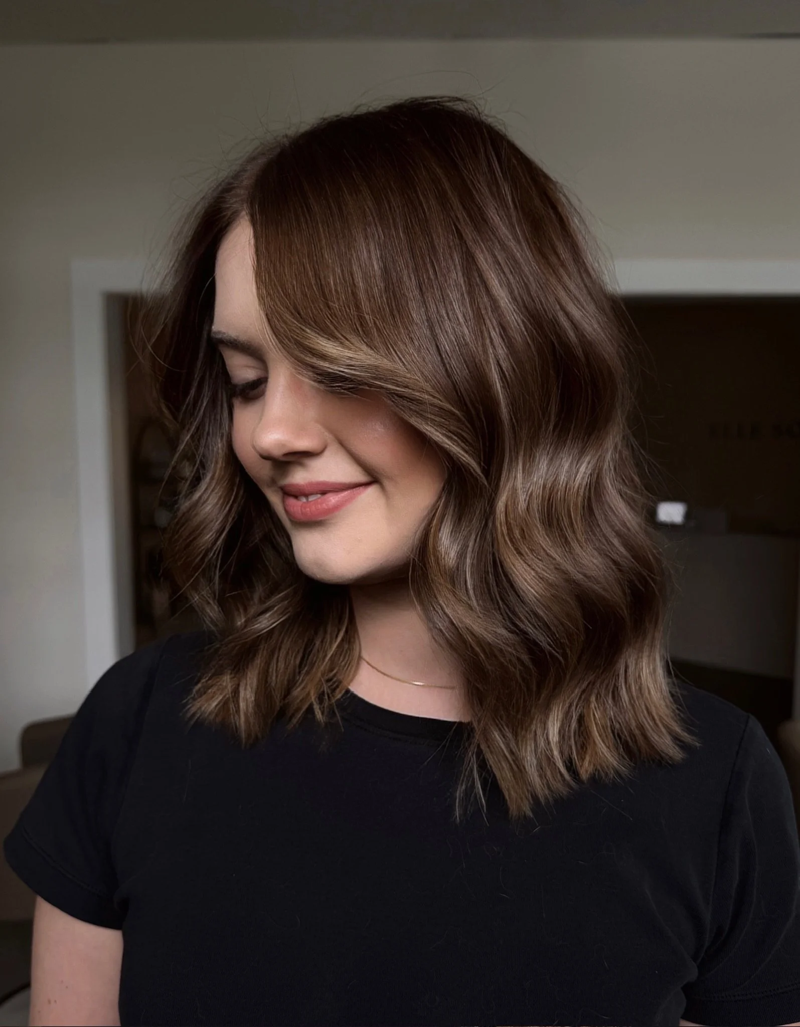 Rich brunette base with subtle balayage and healthy shine in West Linn Oregon