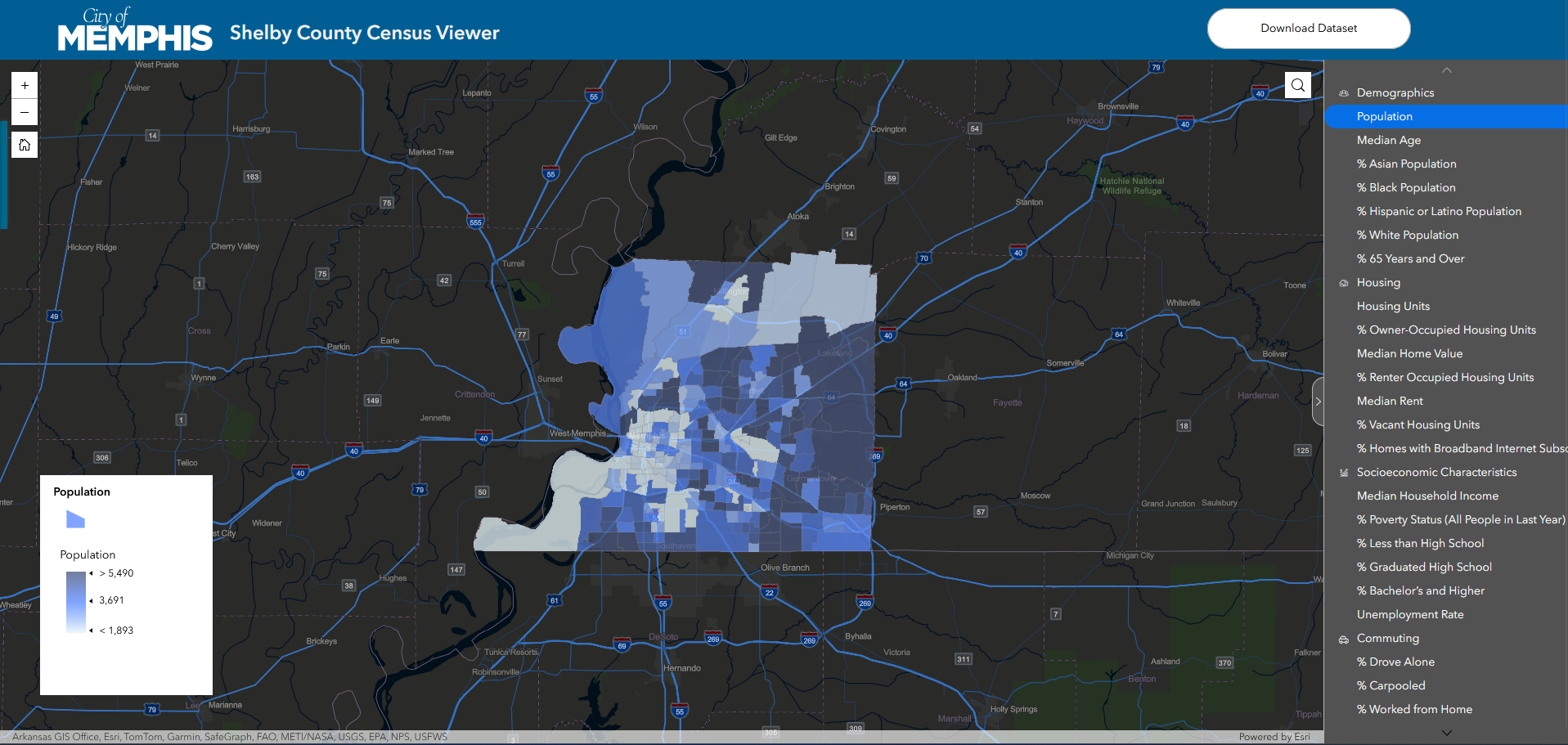 Map of Shelby County in Memphis, Tennessee, showing population density with various shades of blue; darker shades indicating higher population.
