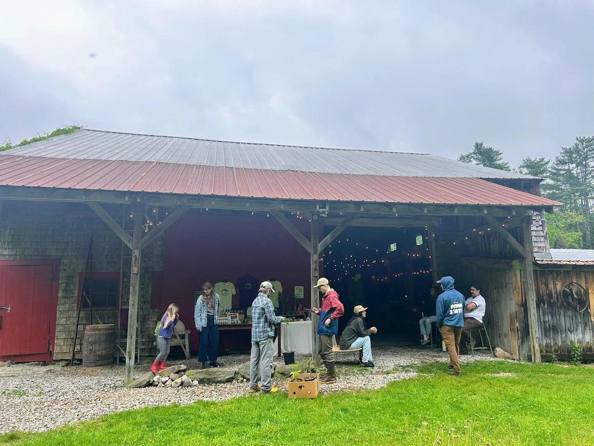 People gather outside a rustic barn with a weathered metal roof, some standing, some seated, under hanging string lights and near a table with merchandise. The barn's exterior features wooden shingles and a red door, with a grassy area in the foregro