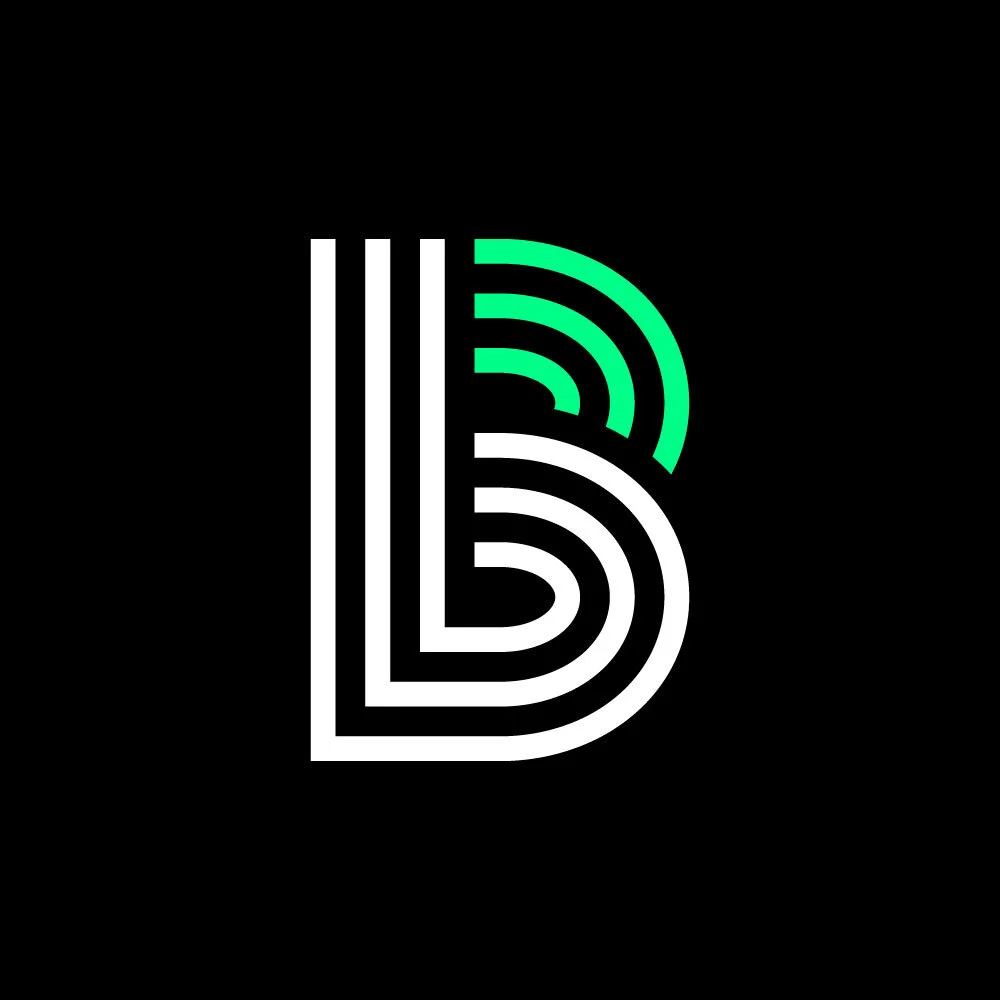 A logo with the letter B outlined in white and stylized with curved lines, with three green signal waves above it, set against a black background with a subtle geometric pattern.