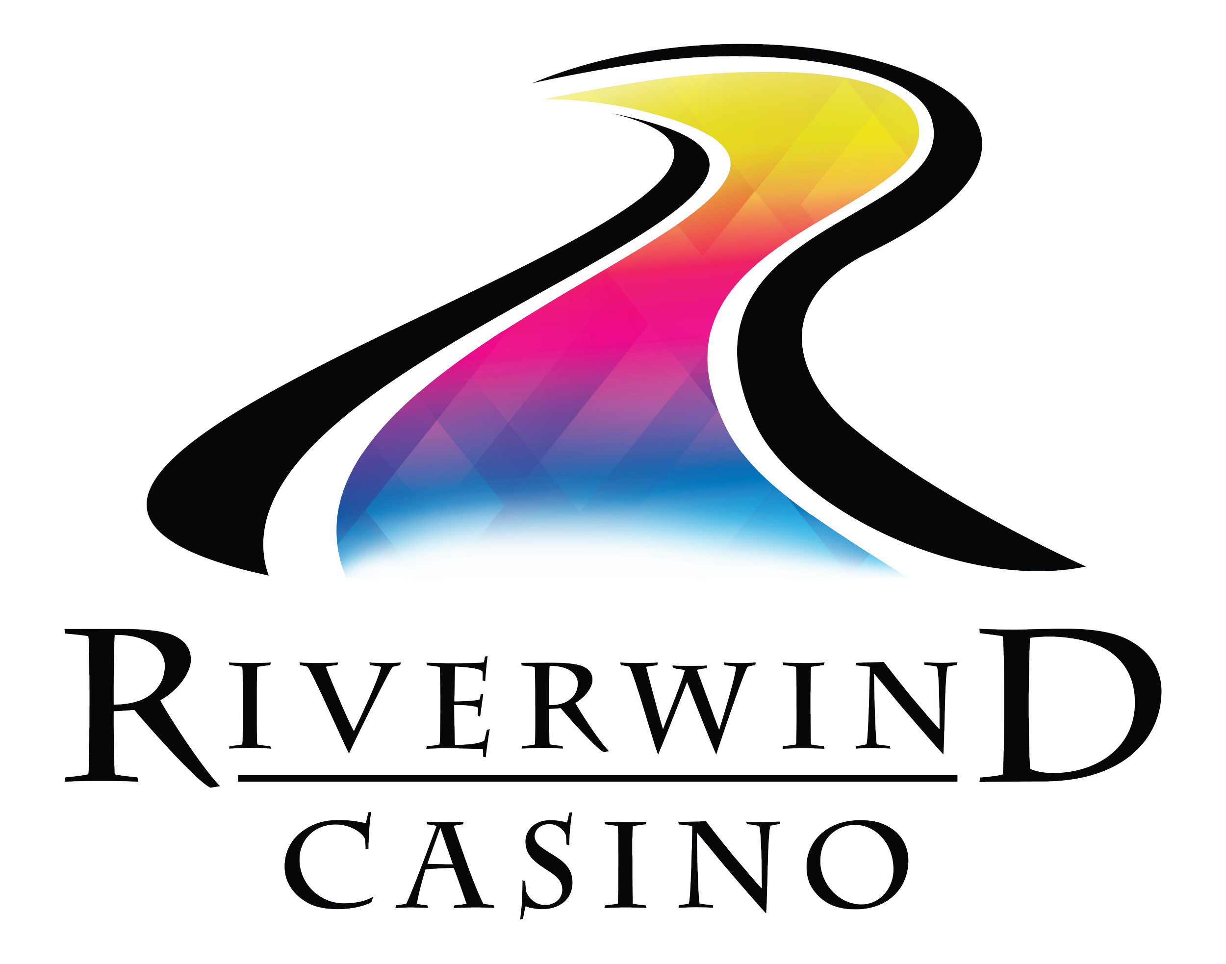 Logo for Riverwind Casino featuring a stylized colorful wave above the casino's name in serif font.