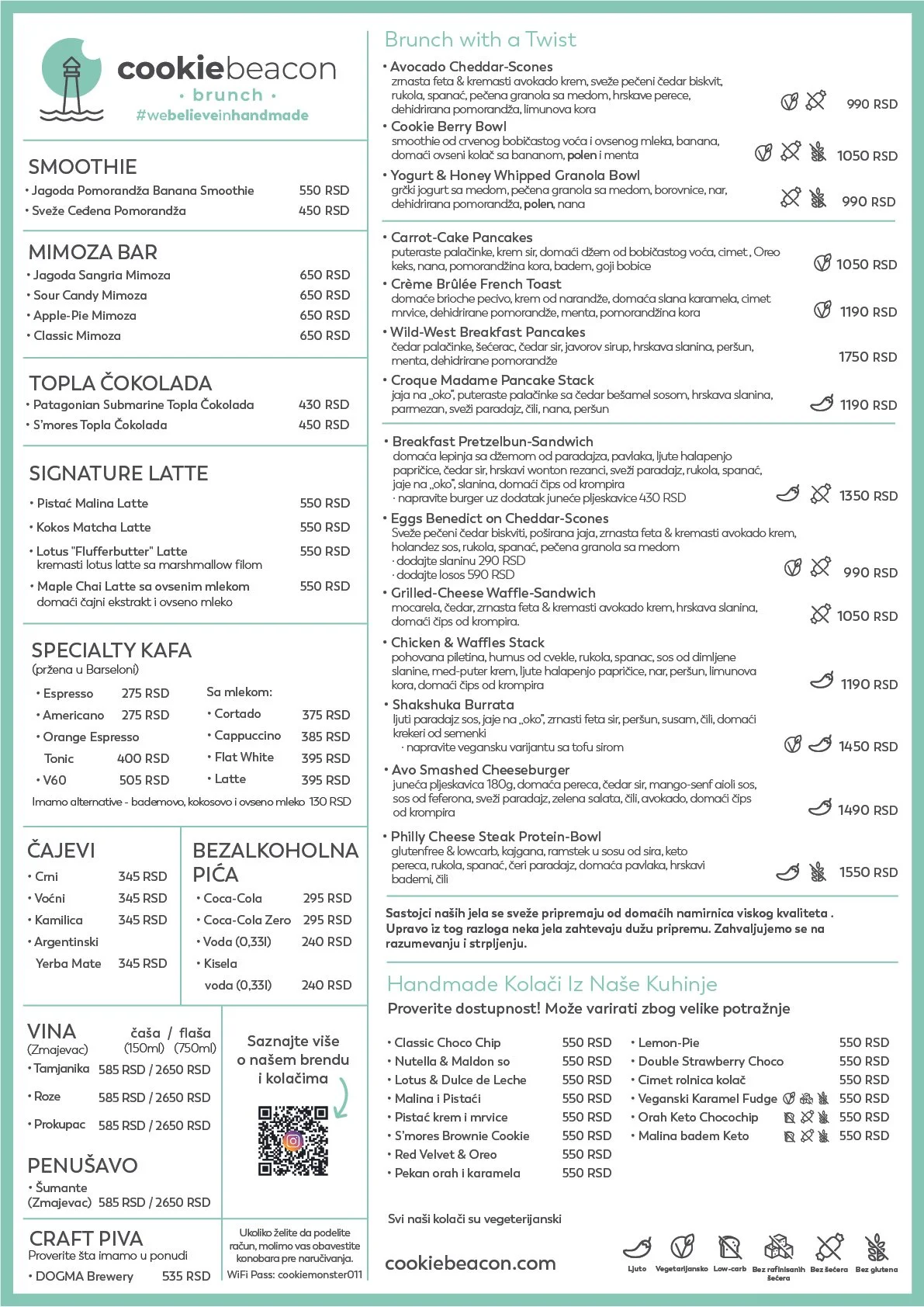 Menu for Cookie Beacon Brunch with sections for smoothies, mimosa bar, hot chocolate, signature lattes, specialty coffee, tea, soft drinks, wines, spumantes, craft beer, brunch with 'Brunch with a Twist' options, and handmade chunky cookies.