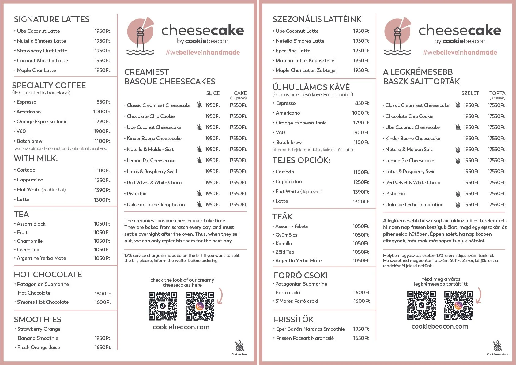 Menu of a cafe with sections for signature lattes, specialty coffee, with milk, tea, hot chocolate, smoothies, cheesecakes, and other items, alongside QR codes for online menu.