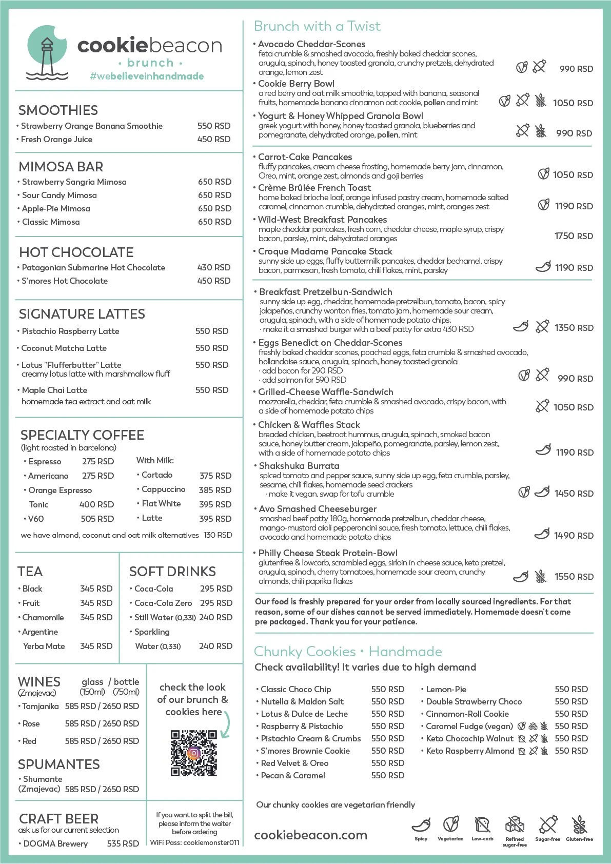 Menu for Cookie Beacon Brunch with sections for smoothies, mimosa bar, hot chocolate, signature lattes, specialty coffee, tea, soft drinks, wines, spumantes, craft beer, brunch with 'Brunch with a Twist' options, and handmade chunky cookies.