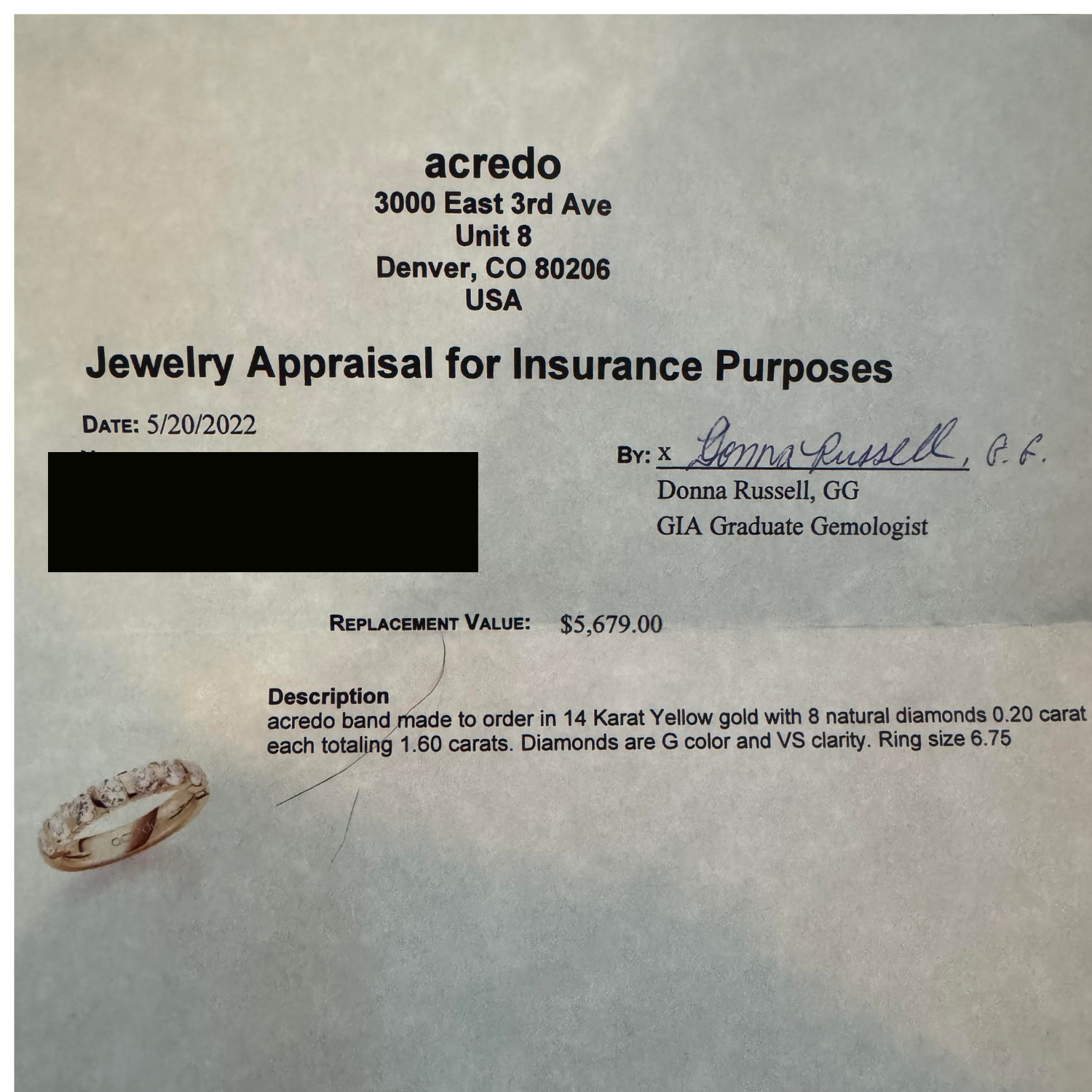 Appraisal for preloved wedding band in 14k yellow gold