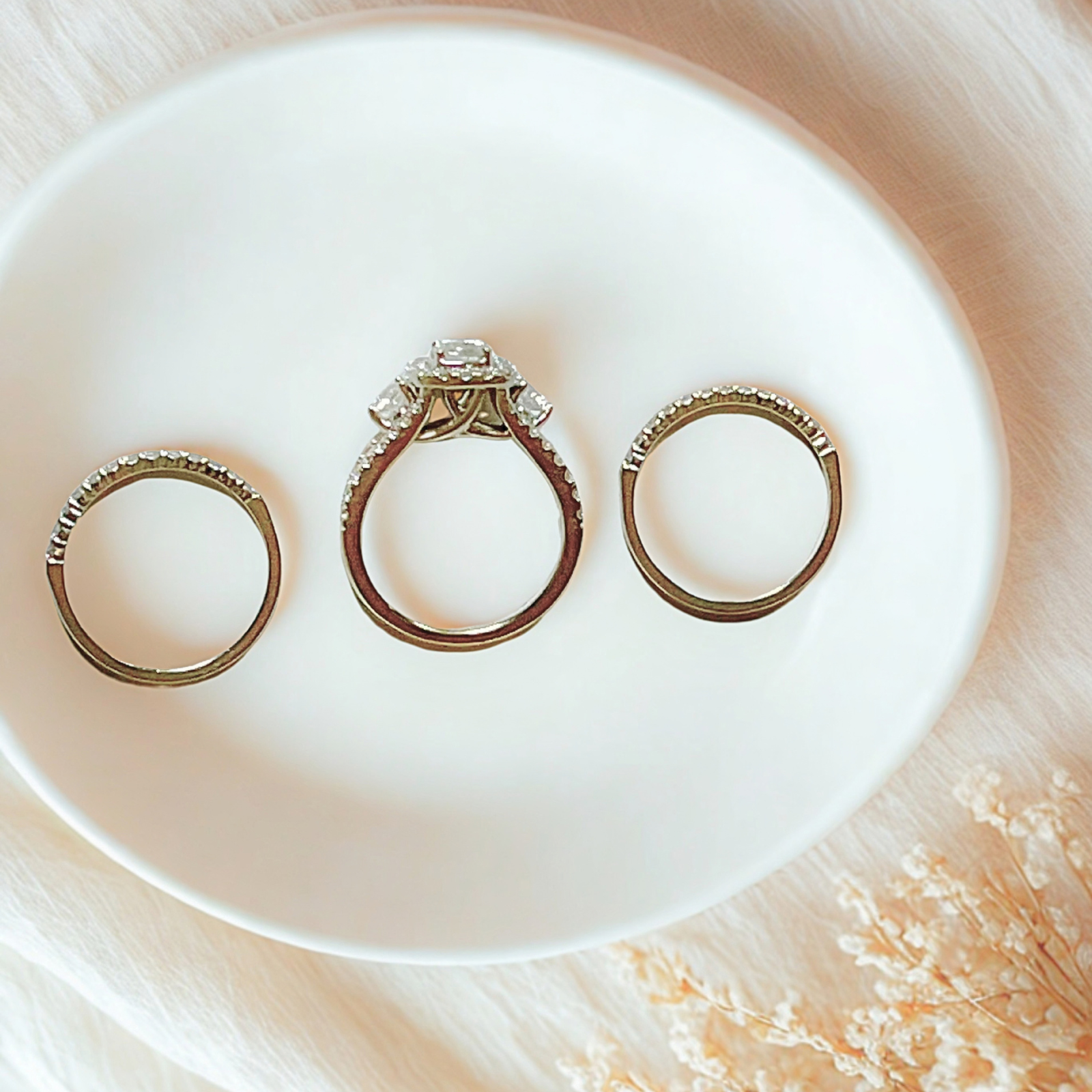 2.04 total ctw Round Natural Diamond Halo Bridal Set in 14k White Gold in ring dish
