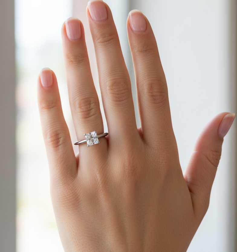 Closeup of a hand wearing a Princess cut Tiffany's solitaire engagement ring at For Richer Jewelry
