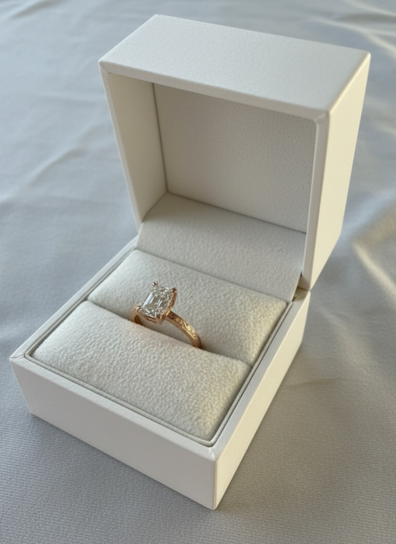 Preloved lab diamond engagement ring, radiant cut, rose gold, vintage inspired.