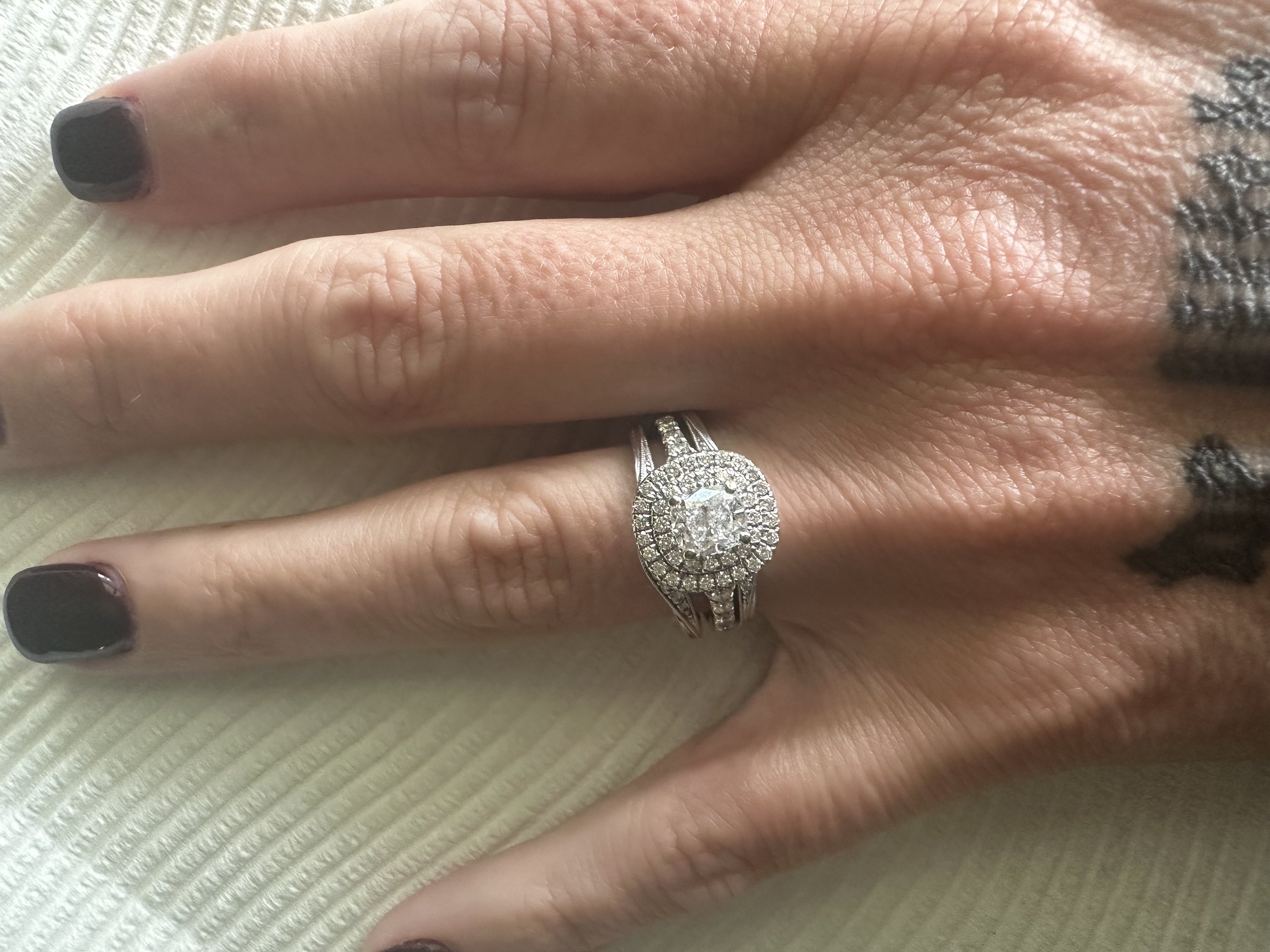 Hand waring preloved Diamond Bridal Set with Cushion Halo and Pave Wedding Band