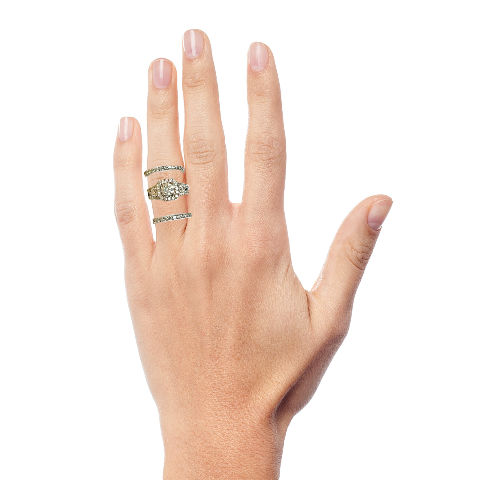 hand wearing 3 white gold preloved rings, spaced out