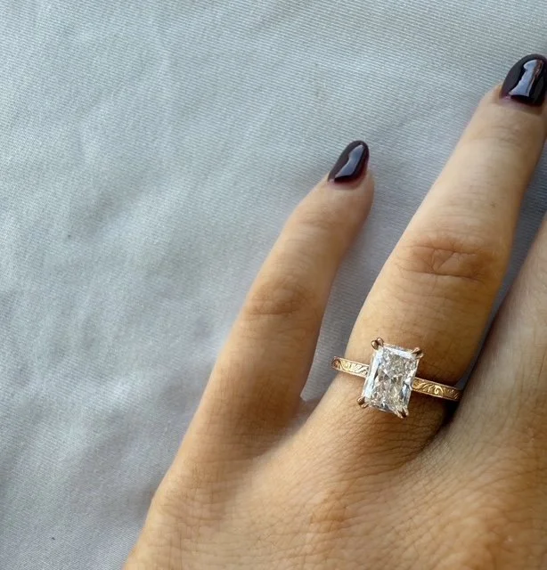 Preloved lab diamond engagement ring, radiant cut, rose gold, vintage inspired.