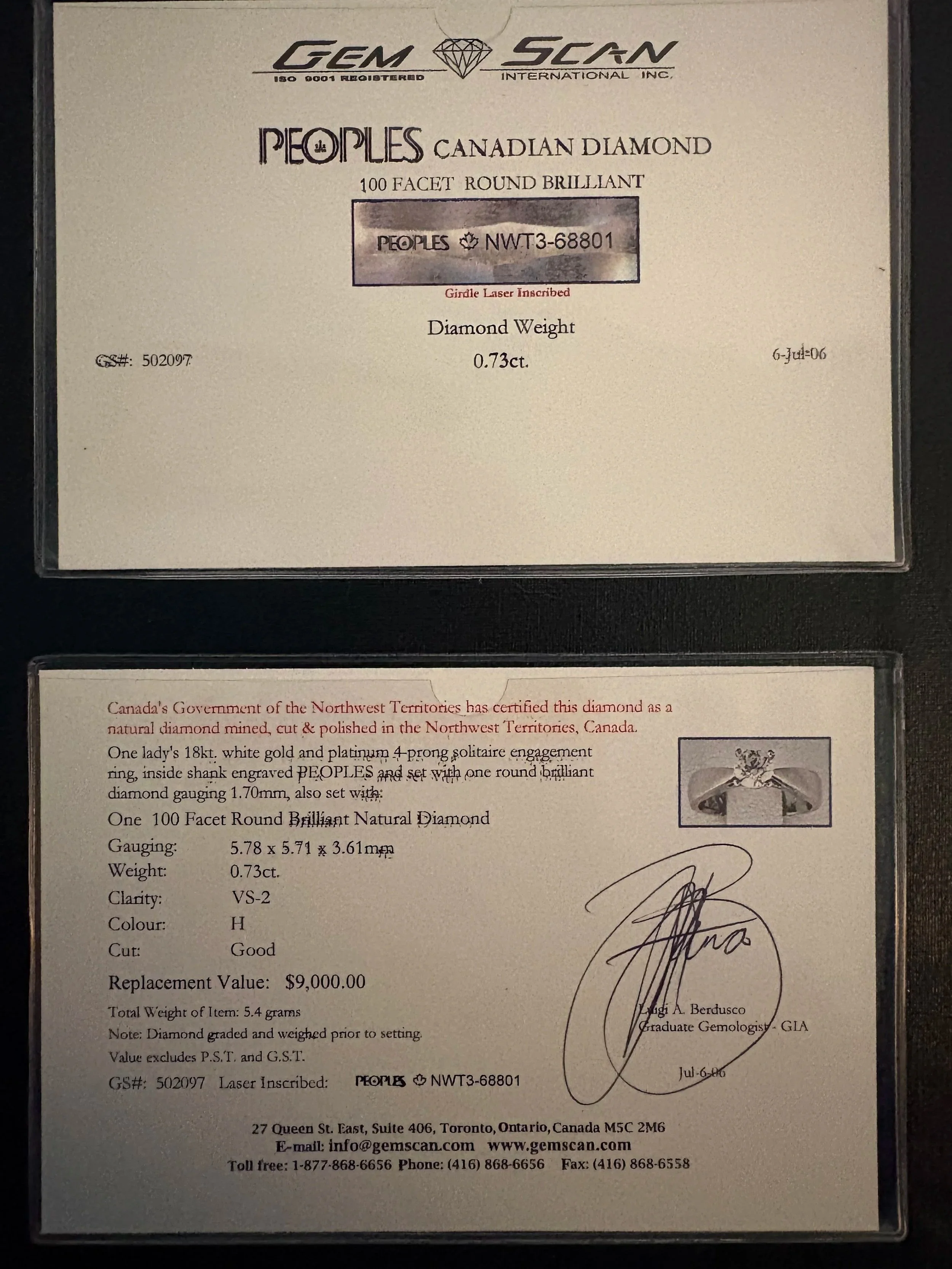 Certification for 0.73 carat diamond engagement ring