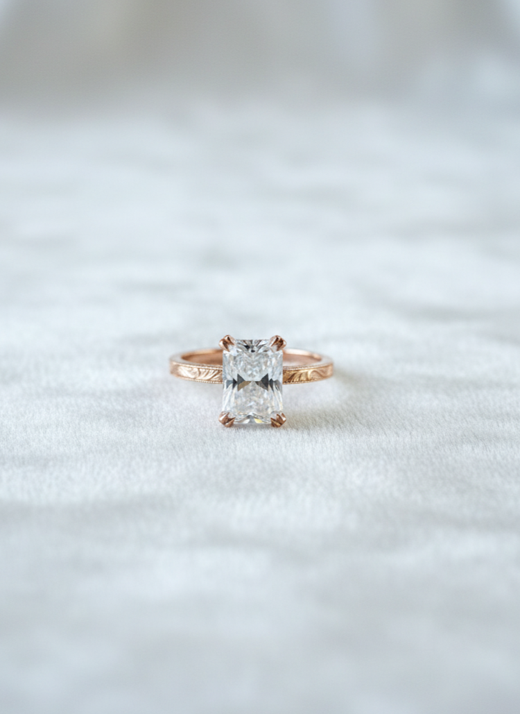 Preloved lab diamond engagement ring, radiant cut, rose gold, vintage inspired.