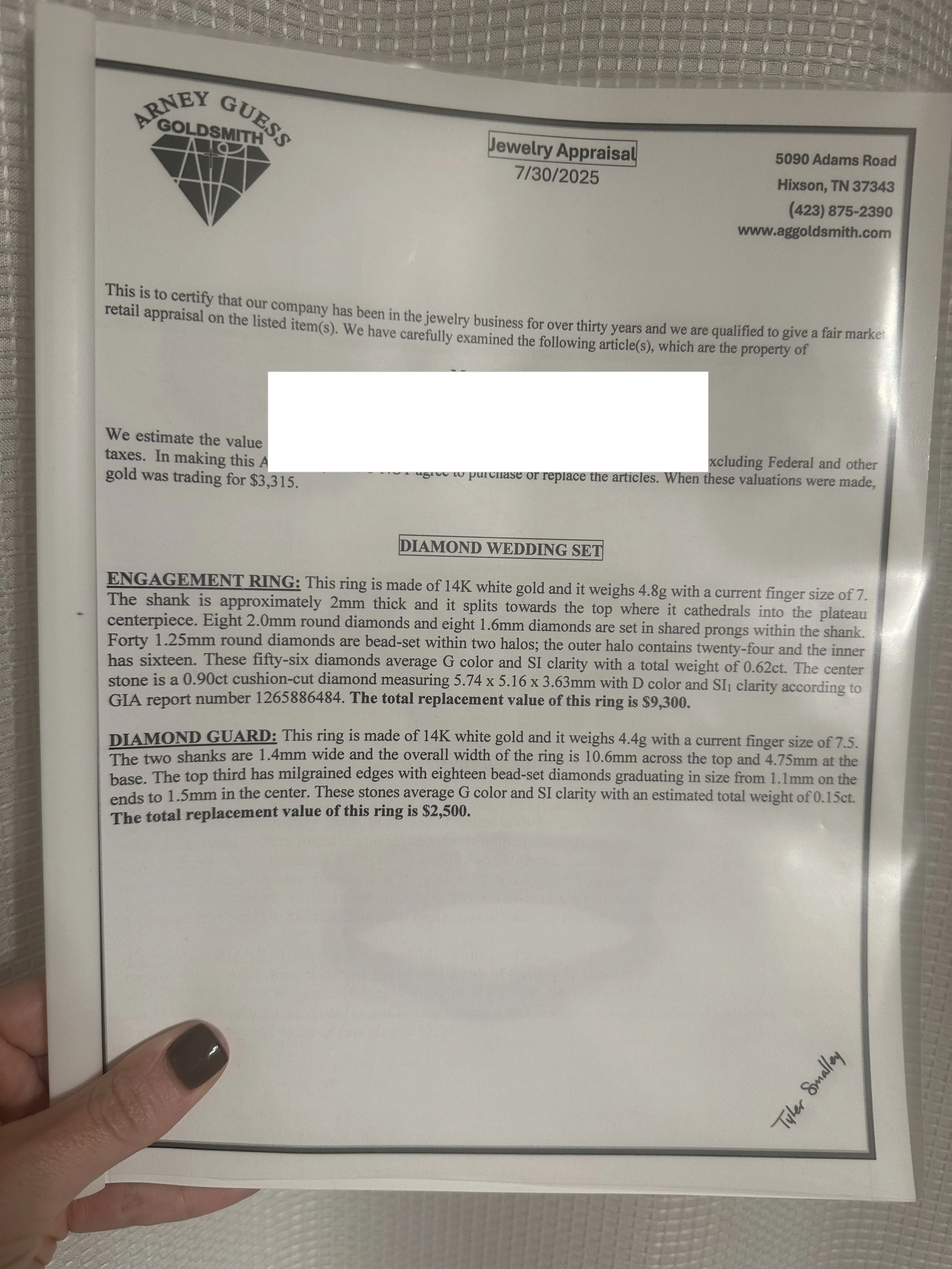 copy of an appraisal for a wedding set
