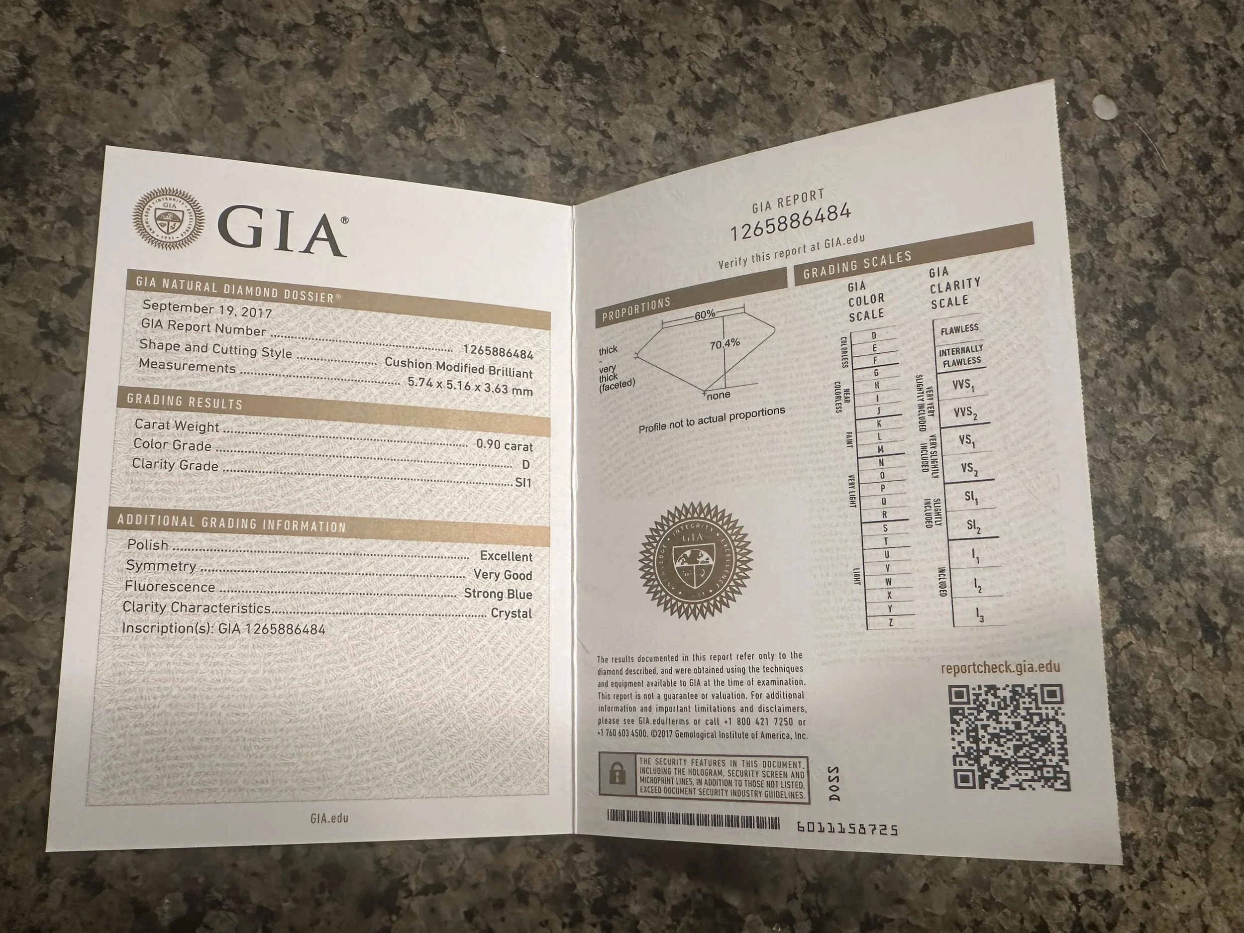 GIA certification for cushion cut diamond