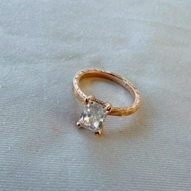 Preloved lab diamond engagement ring, radiant cut, rose gold, vintage inspired.