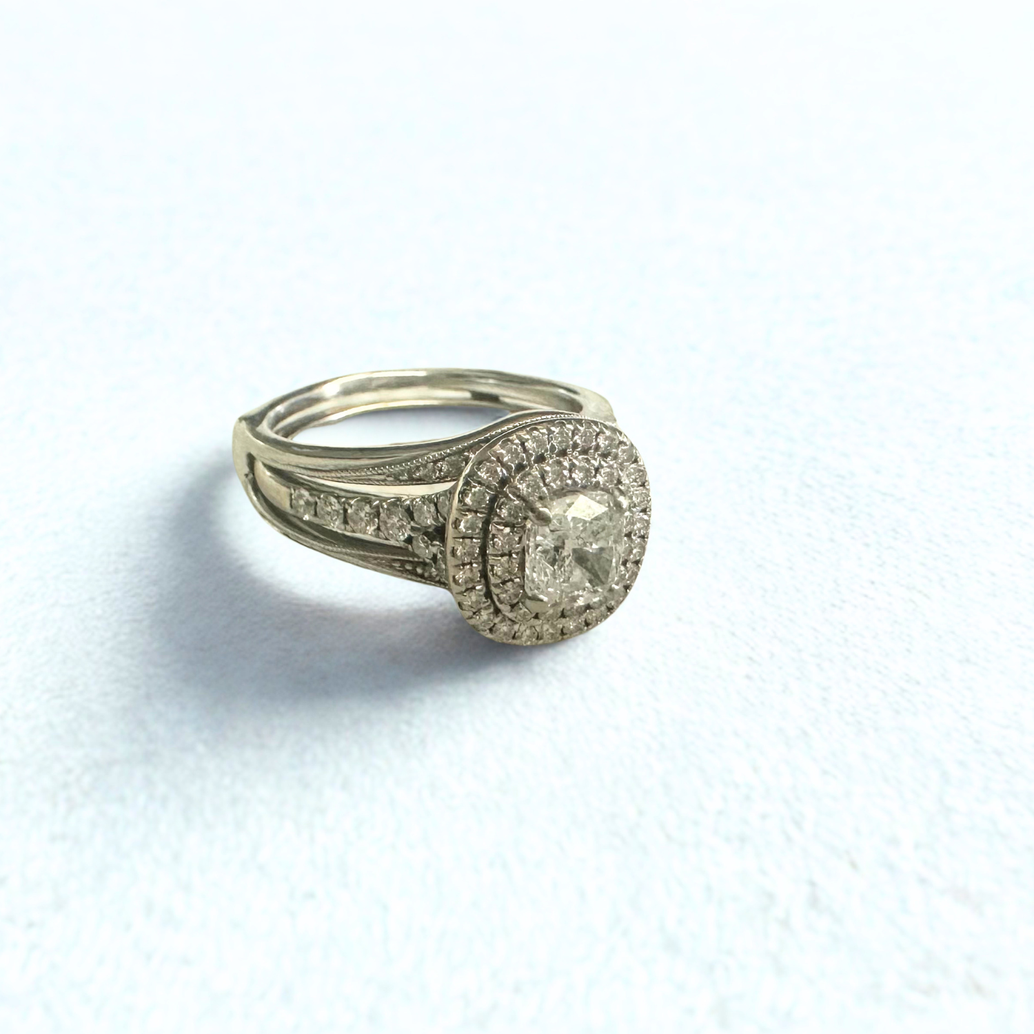D Color SI1 Cushion Diamond Engagement Ring, Split Shank Setting