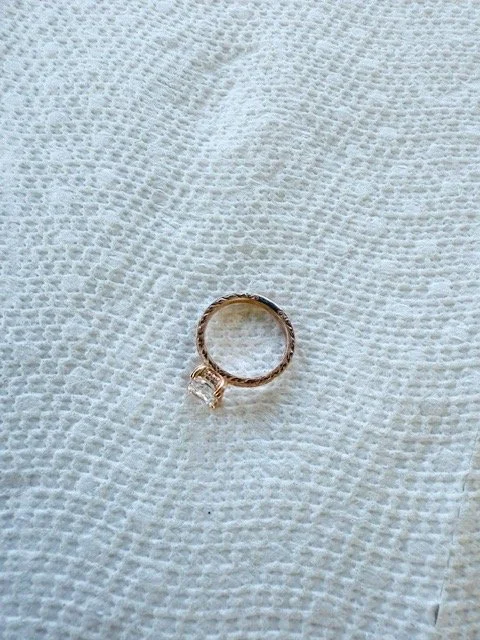 Preloved lab diamond engagement ring, radiant cut, rose gold, vintage inspired.
