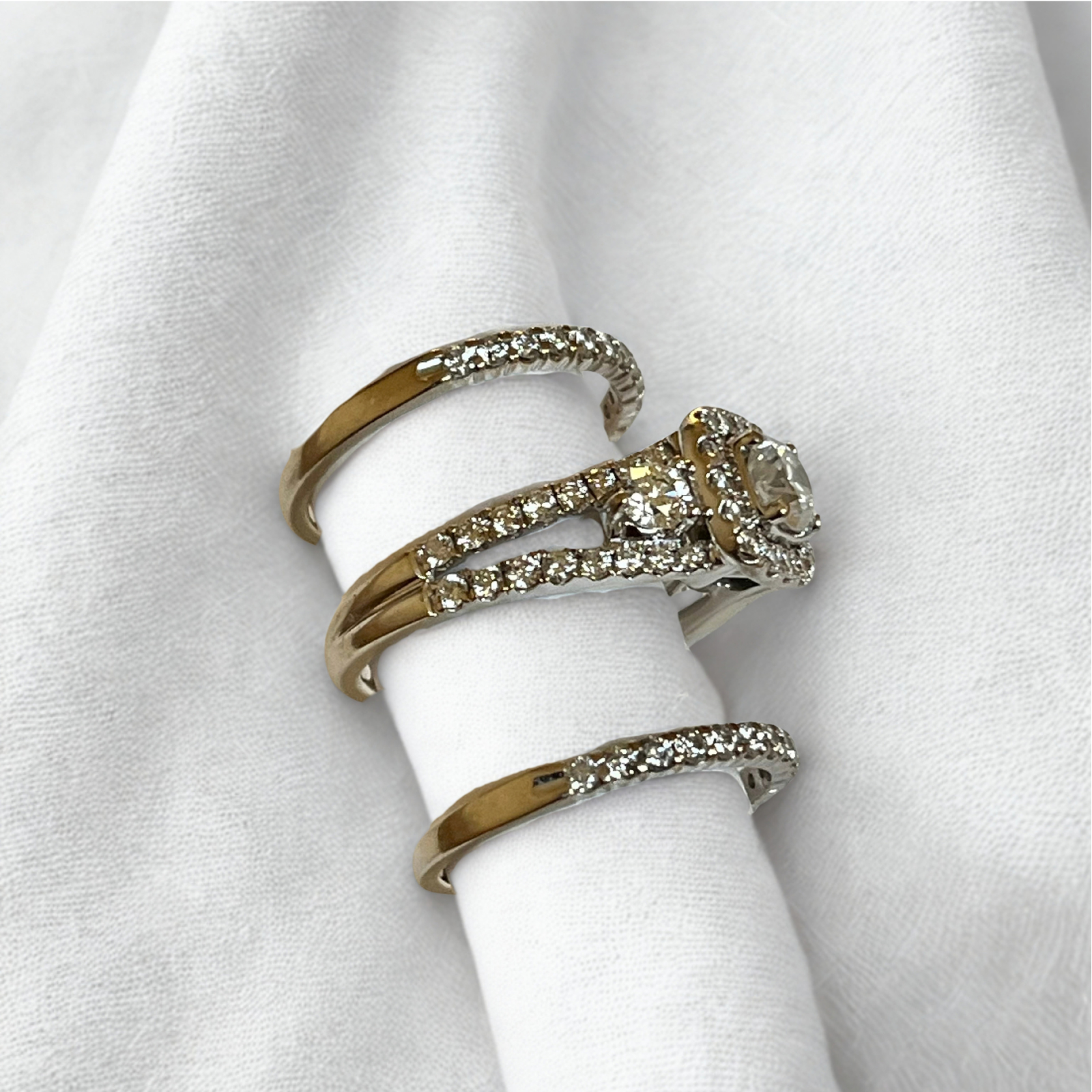Round Natural Diamond Halo Bridal Set with 2 matching bands in 14k White Gold