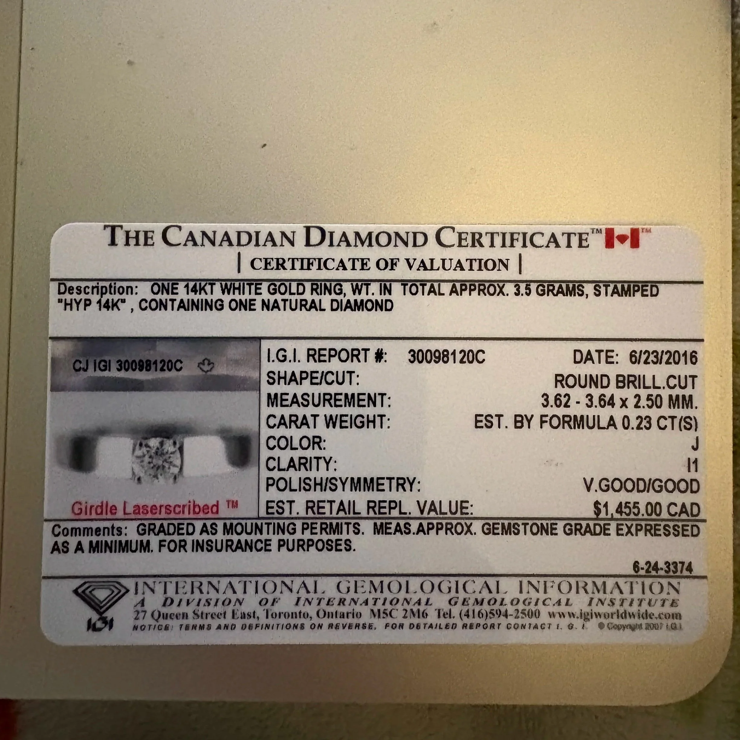 IGI Certificate for 0.23 carat diamond engagement ring