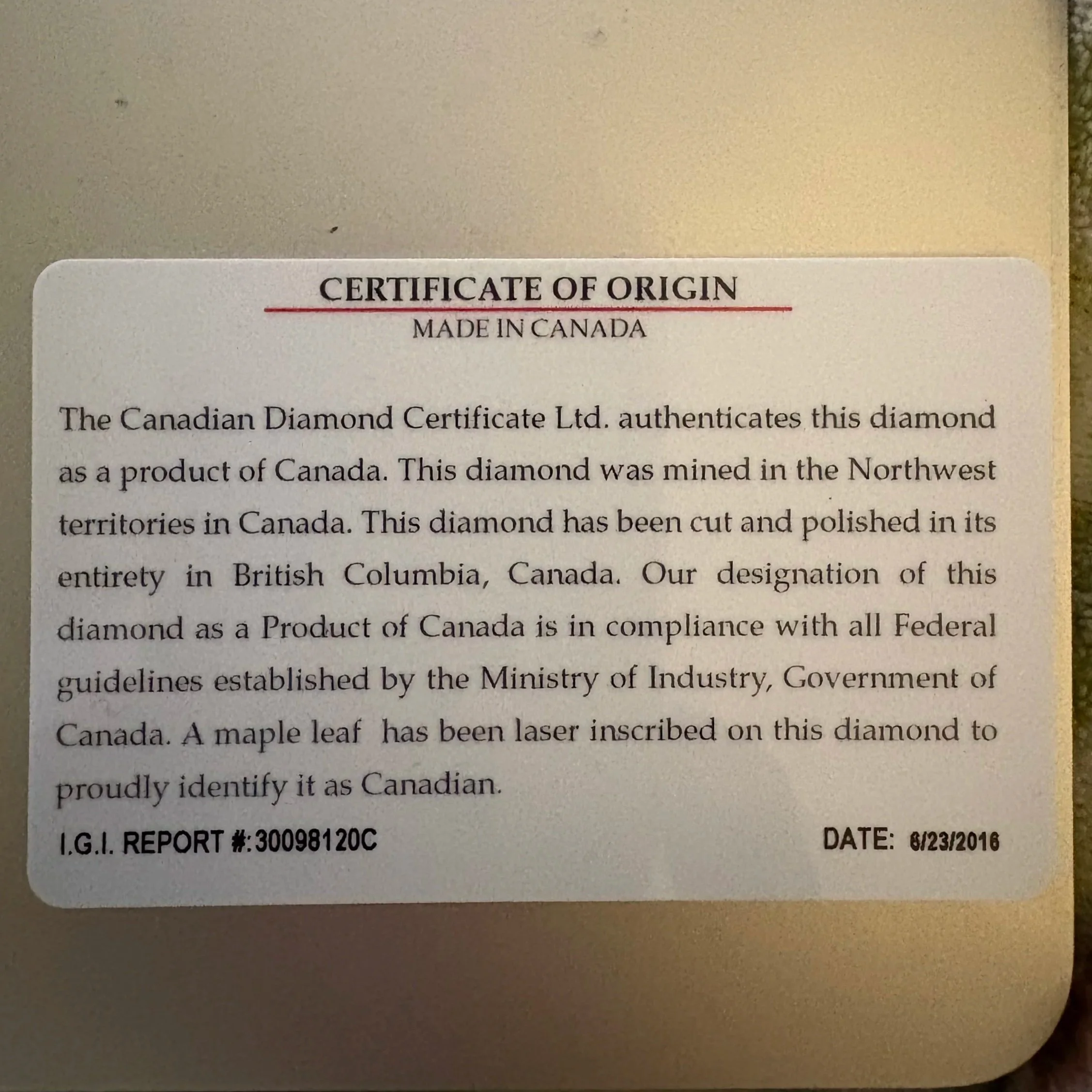 Back side of IGI certificate for small diamond engagement ring