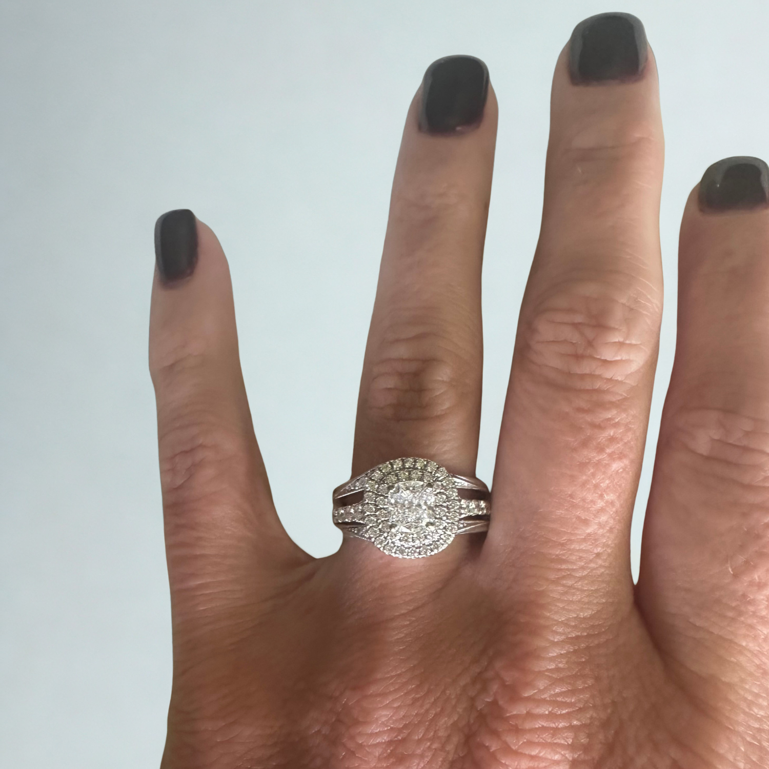 Double Halo Diamond Ring with Pave Diamond Wedding Band