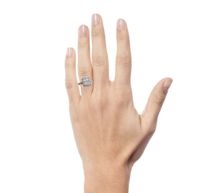 Preloved radiant lab grown halo diamond engagement ring
