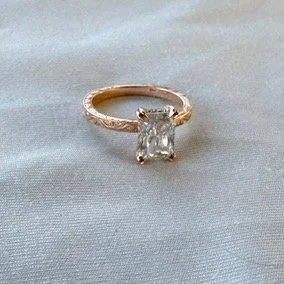 Preloved lab diamond engagement ring, radiant cut, rose gold, vintage inspired.