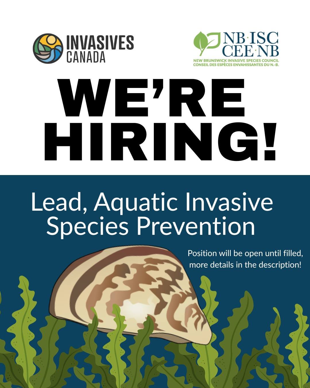 We&rsquo;re hiring!🥳

Passionate about protecting New Brunswick&rsquo;s lakes and rivers? Invasives Canada and the New Brunswick Invasives Species Council are hiring a Lead, Aquatic Invasive Species Prevention to help advance province-wide preventio