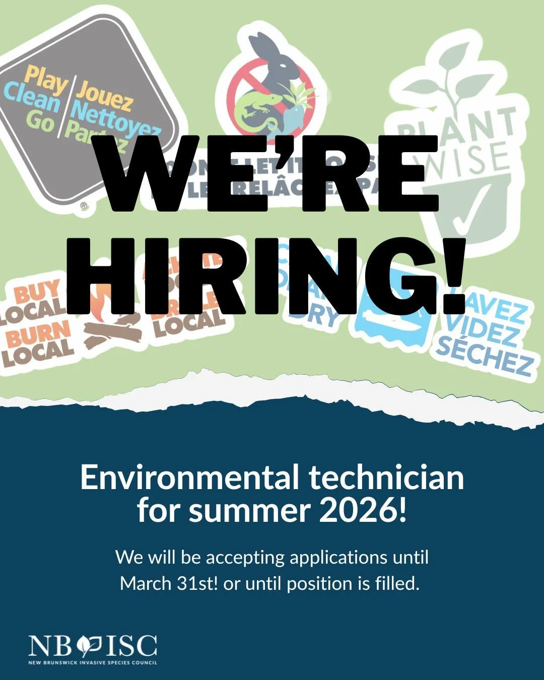We're hiring!🎉Nous recrutons!

We're looking for Environmental Technician(s) to assist our organization in our efforts to increase public awareness around invasive species and facilitate a collaborative &amp; coordinated approach to invasive species