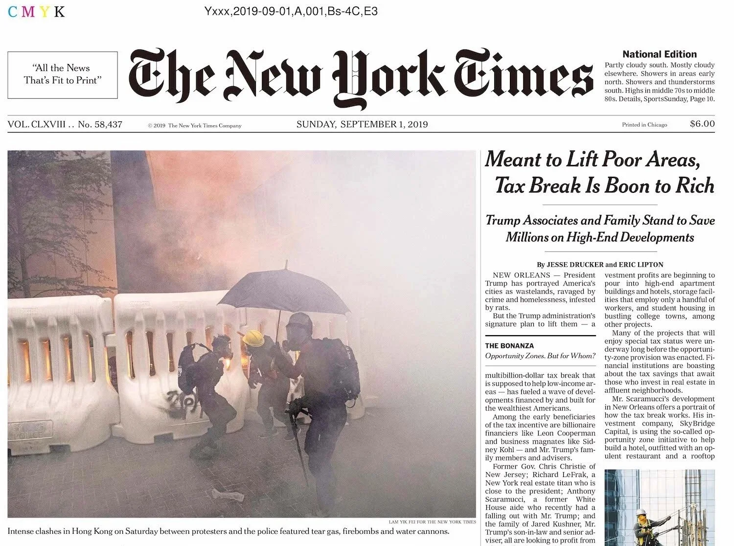 Protesters clashing with police in Hong Kong, with tear gas, firebombs, and water cannons amid smoke and chaos.