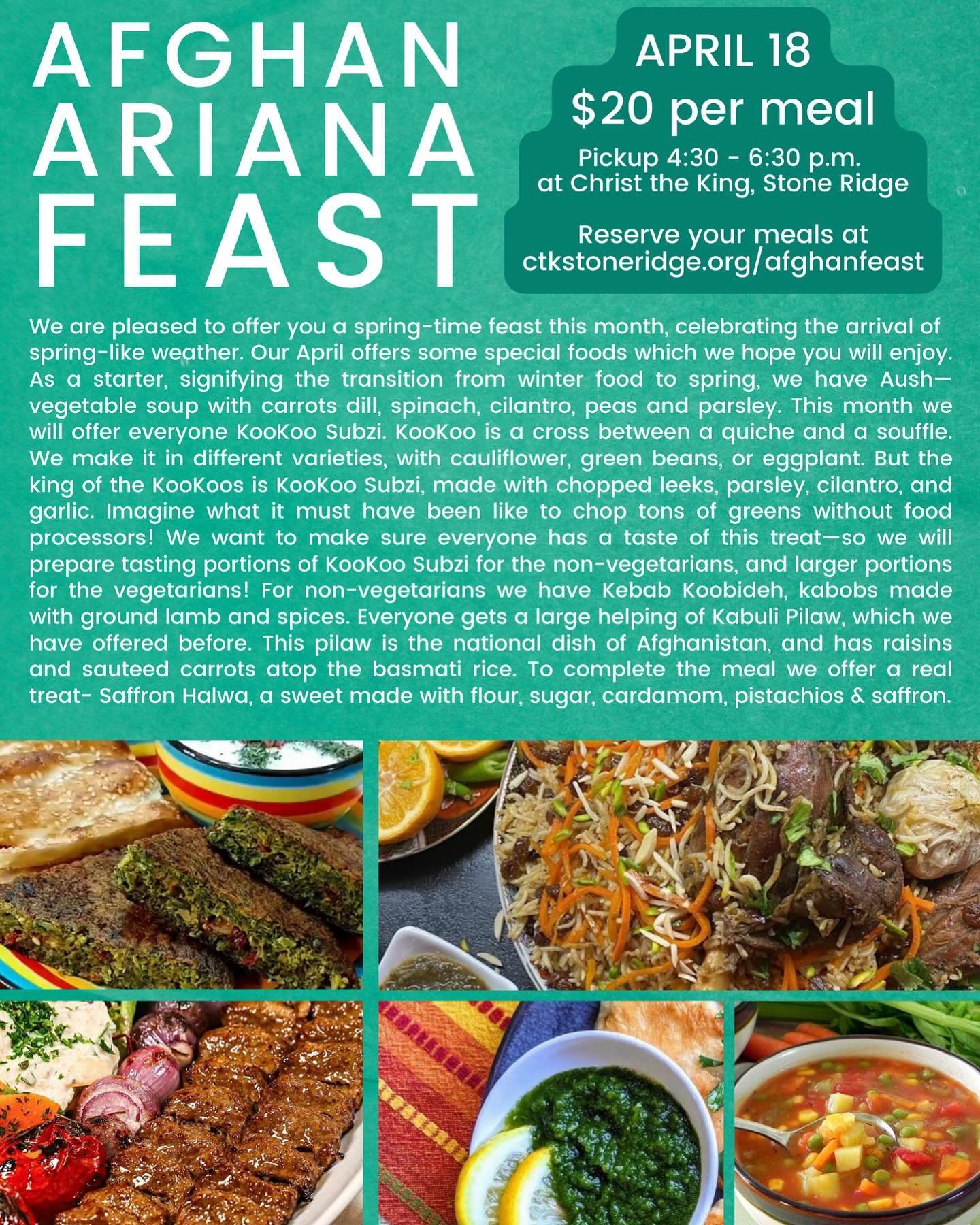 Afghan Feast this Thursday! Join us for delicious home cooked Afghan carry out at CTK. Reserve your meals on our website!