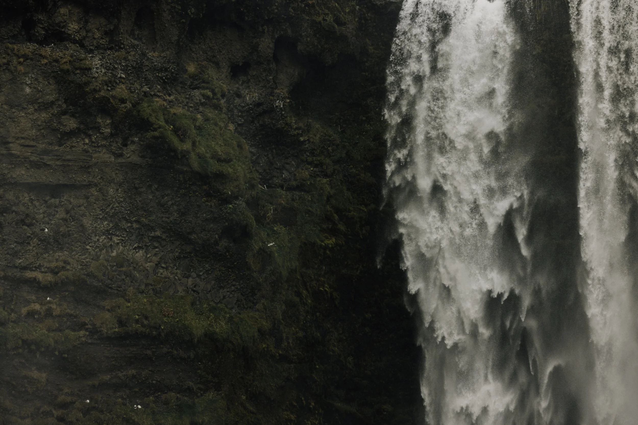 Wasserfall stürzt an steiler, bewachsener Felswand hinunter.
