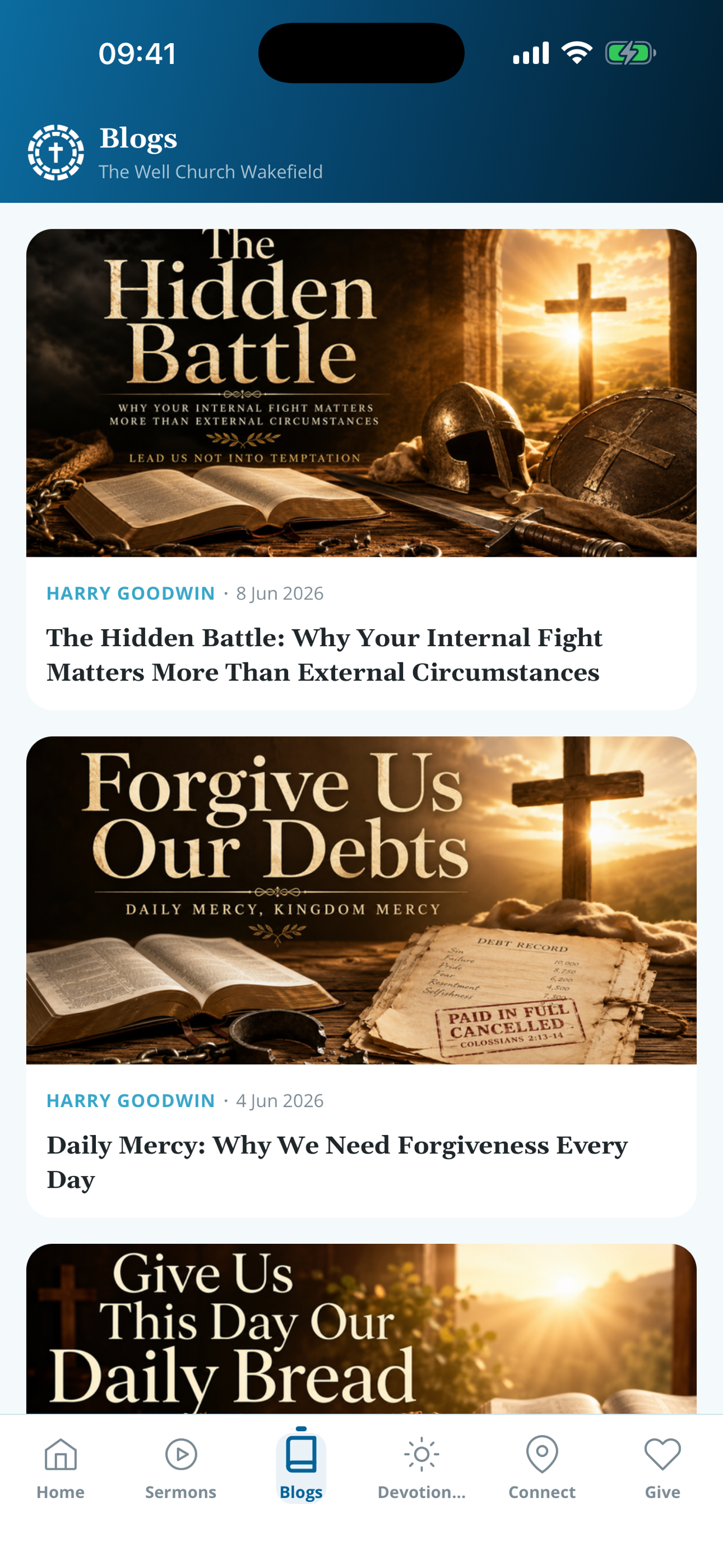 Screenshot of a mobile app displaying religious blog articles, with titles and images related to Christian themes such as 'The Hidden Battle,' 'Forgive Us Our Debts,' and 'Give Us This Day Our Daily Bread,' featuring crosses, open Bibles, and sunrise imagery.