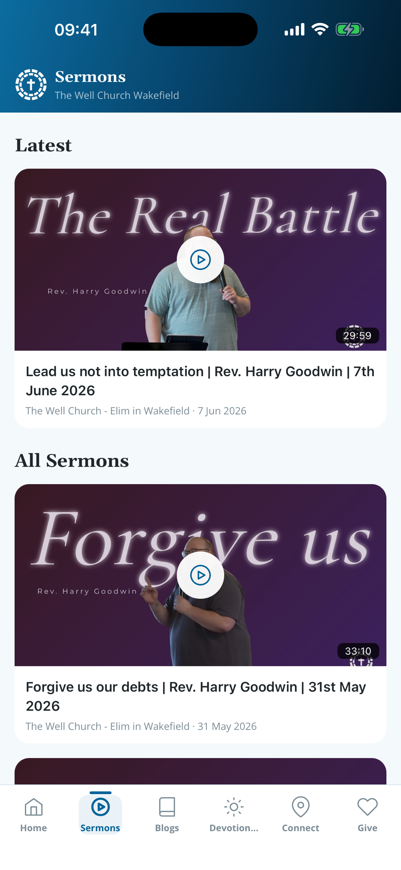 Screenshot of a church app displaying sermons from The Well Church Wakefield, featuring titles and dates of sermons by Rev. Harry Goodwin, including "The Real Battle" and "Forgive us".