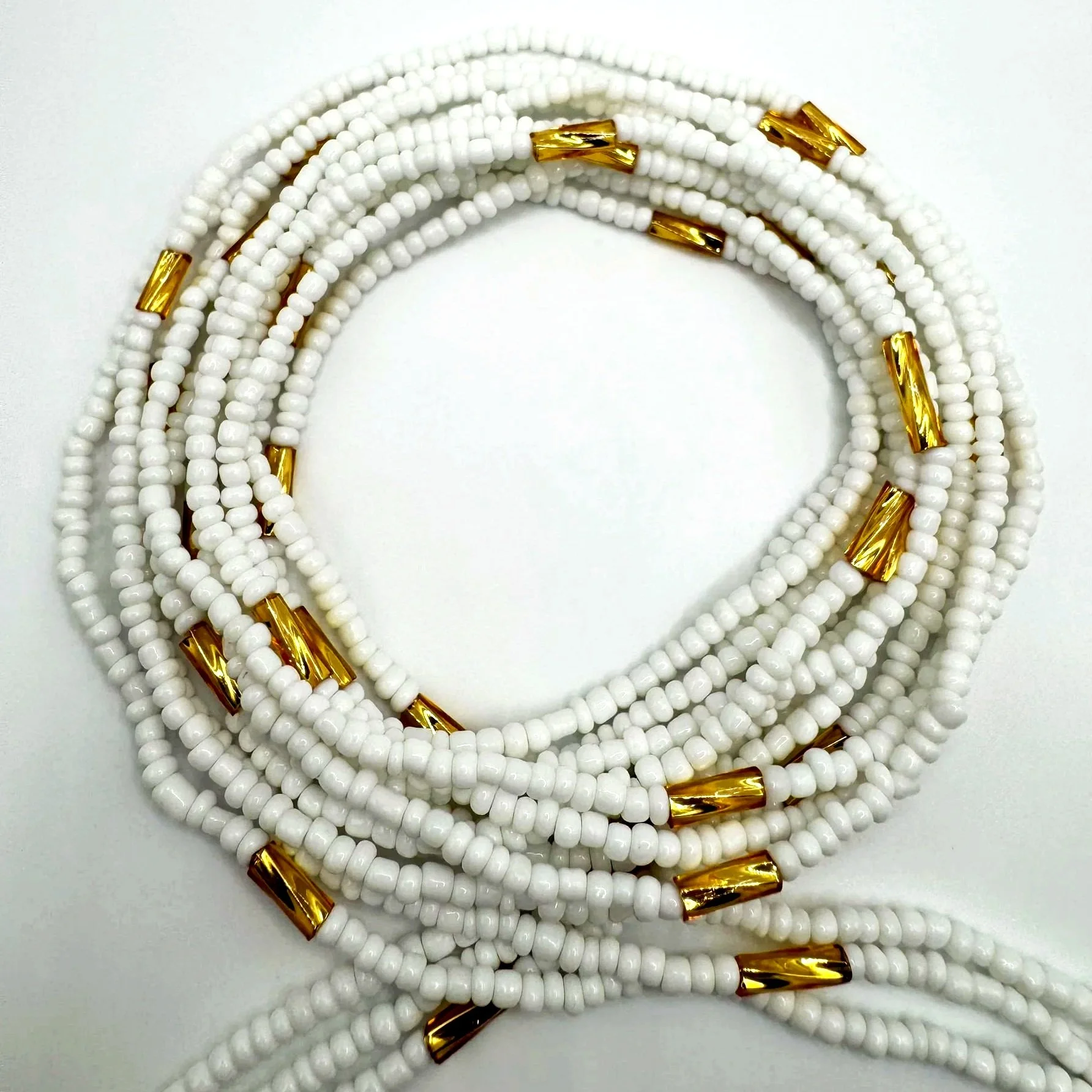 White and Gold Twisted Bugle Waist Beads